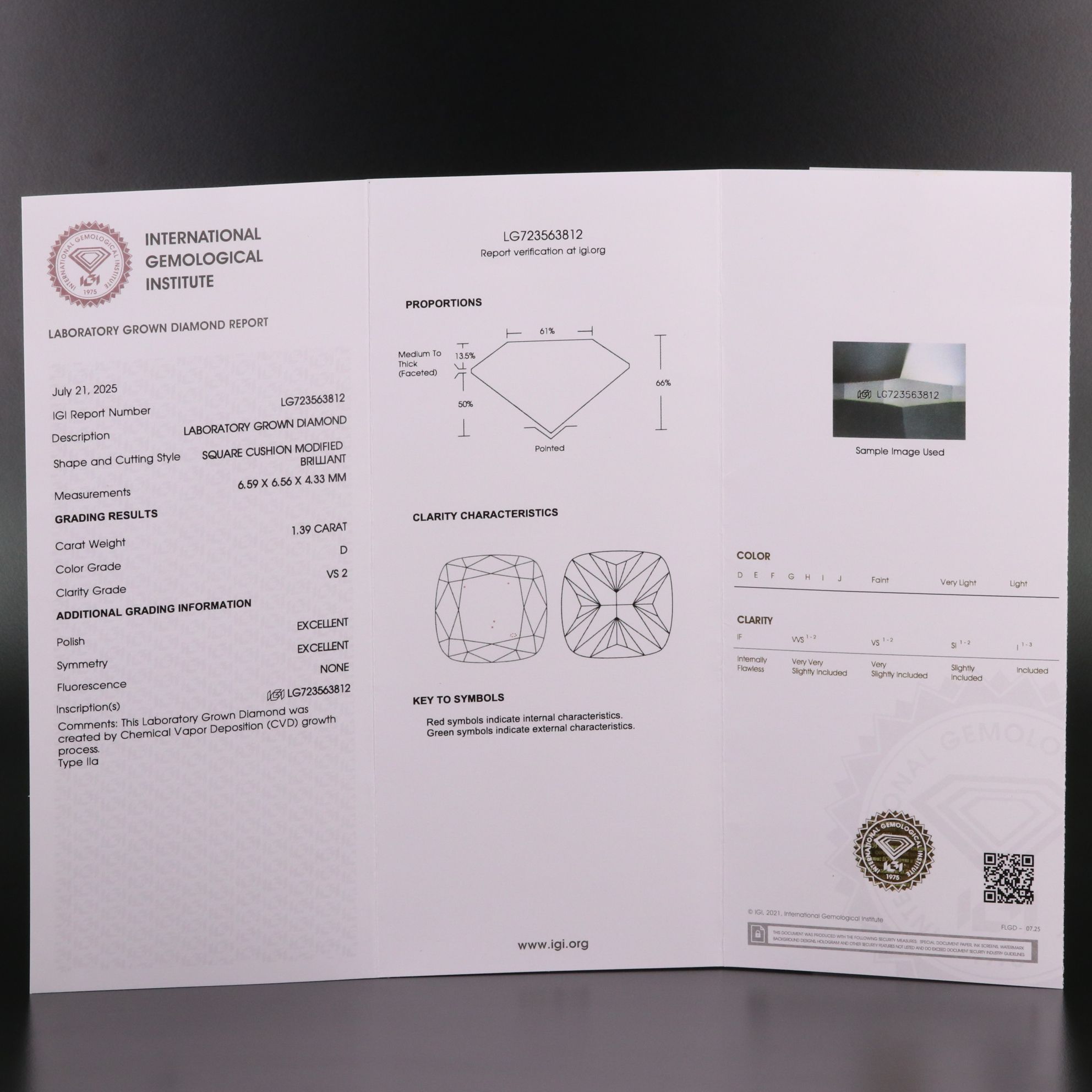 Loose 1.39 CT Lab Grown Diamond with IGI Report