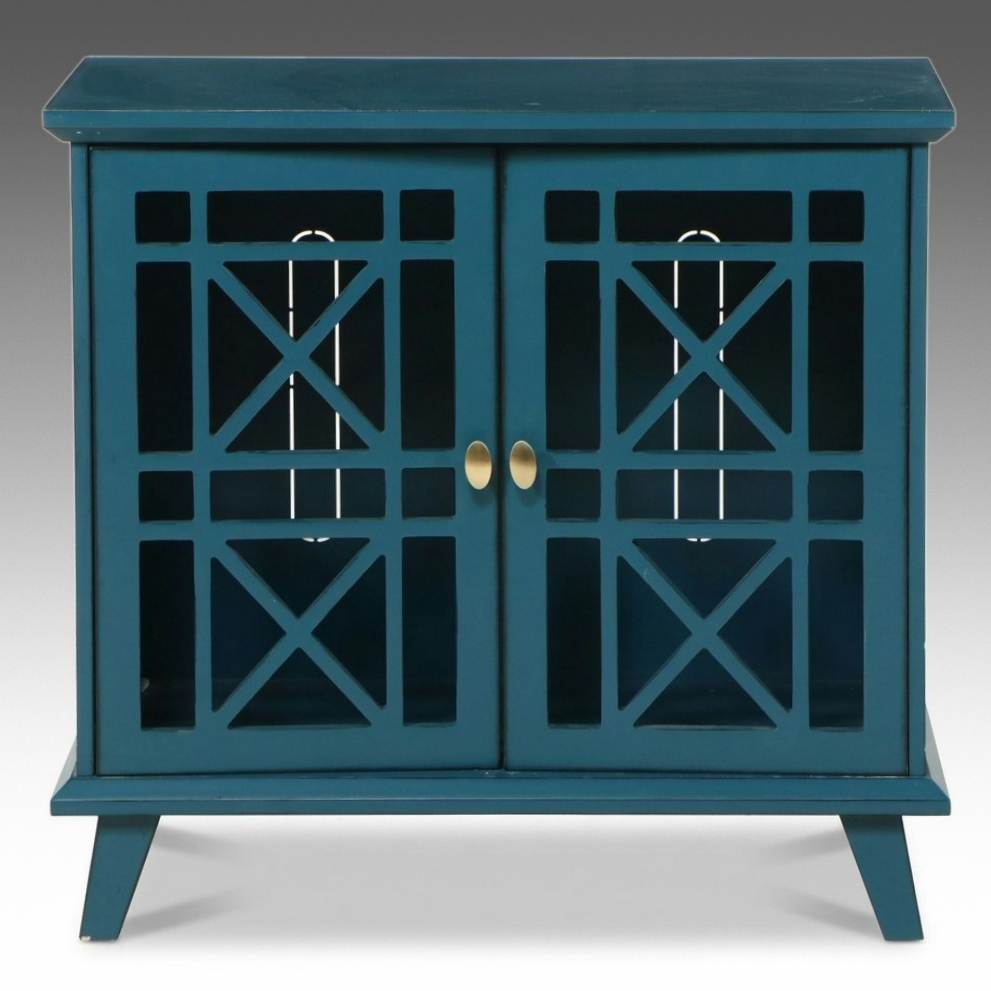 Walker Edison Contemporary Hollywood Regency Style "Fretwork" Teal Cabinet