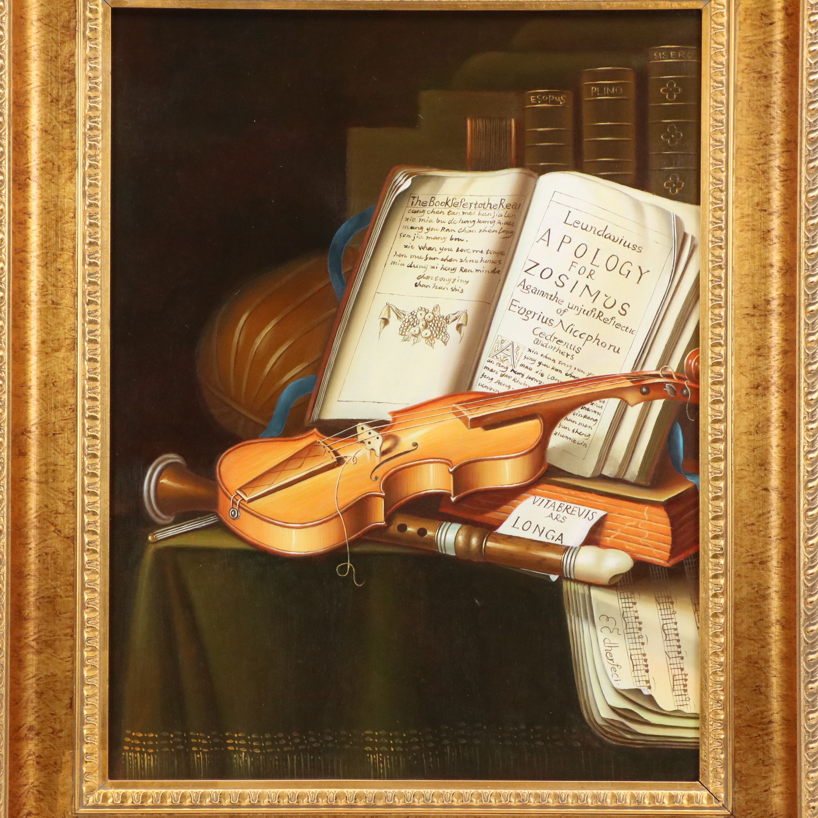Still Life Oil Painting of Musical Instruments, Late 20th to Early 21st C.