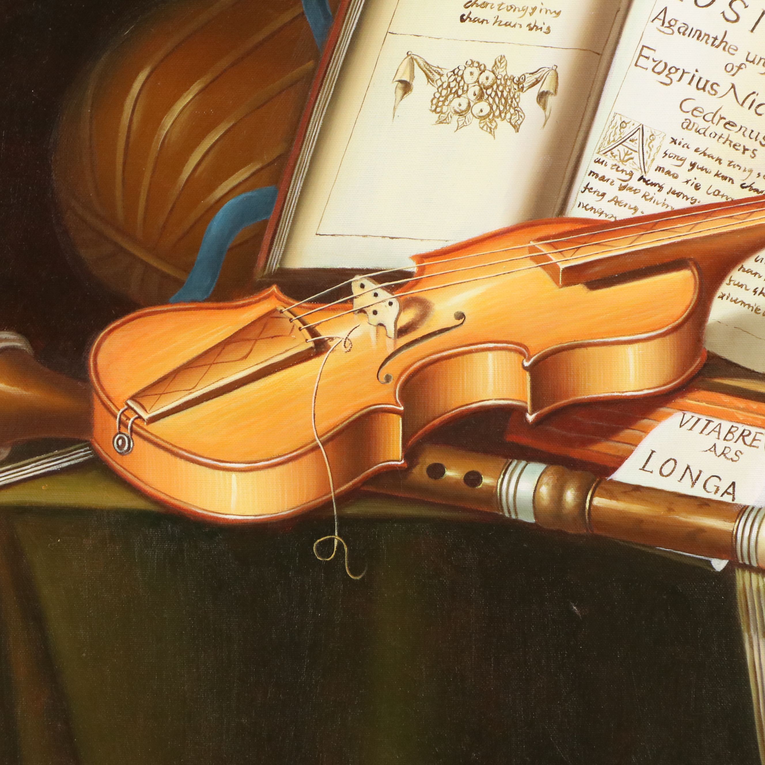 Still Life Oil Painting of Musical Instruments, Late 20th to Early 21st C.
