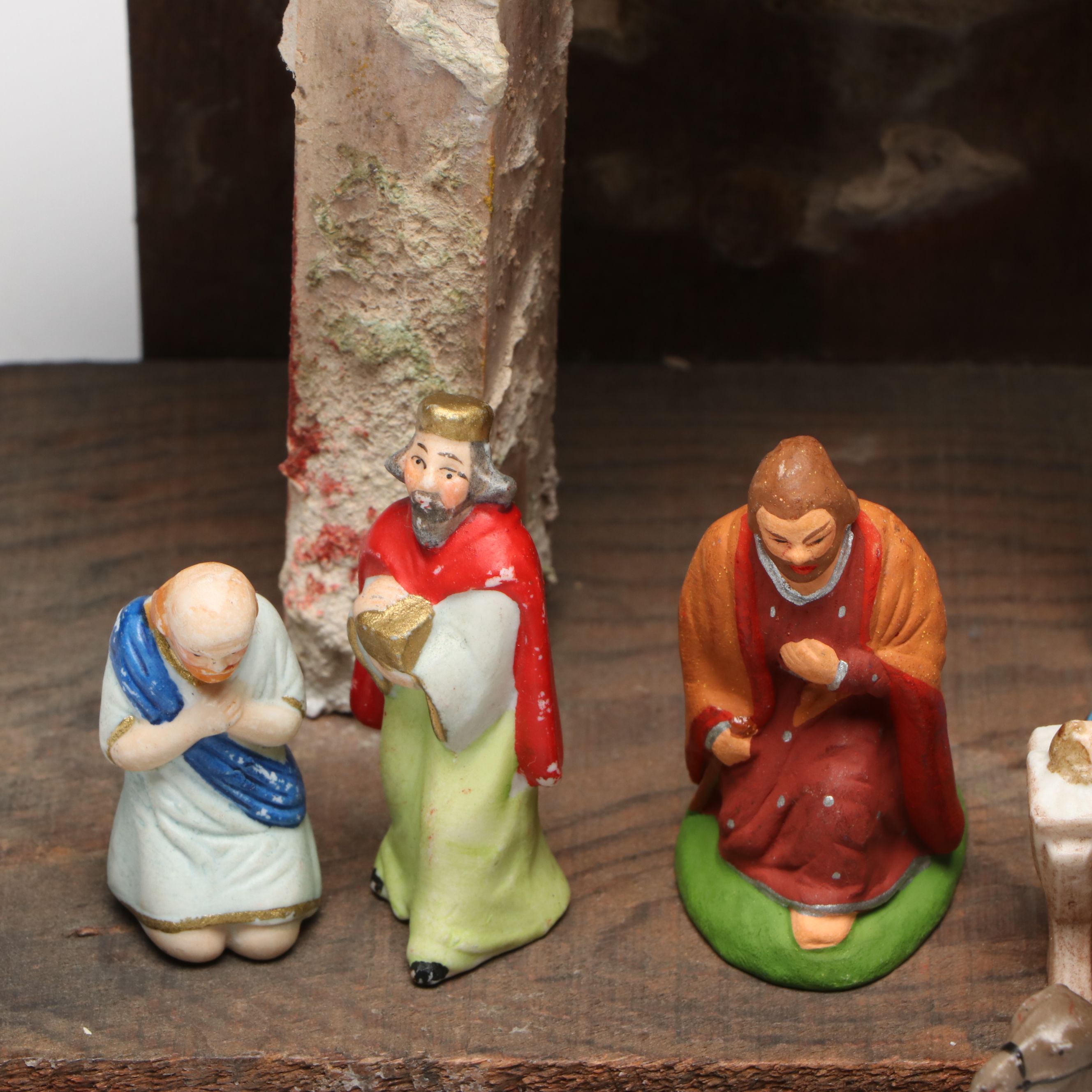 French and Other Nativity Figurines with Barn, Mid-20th Century