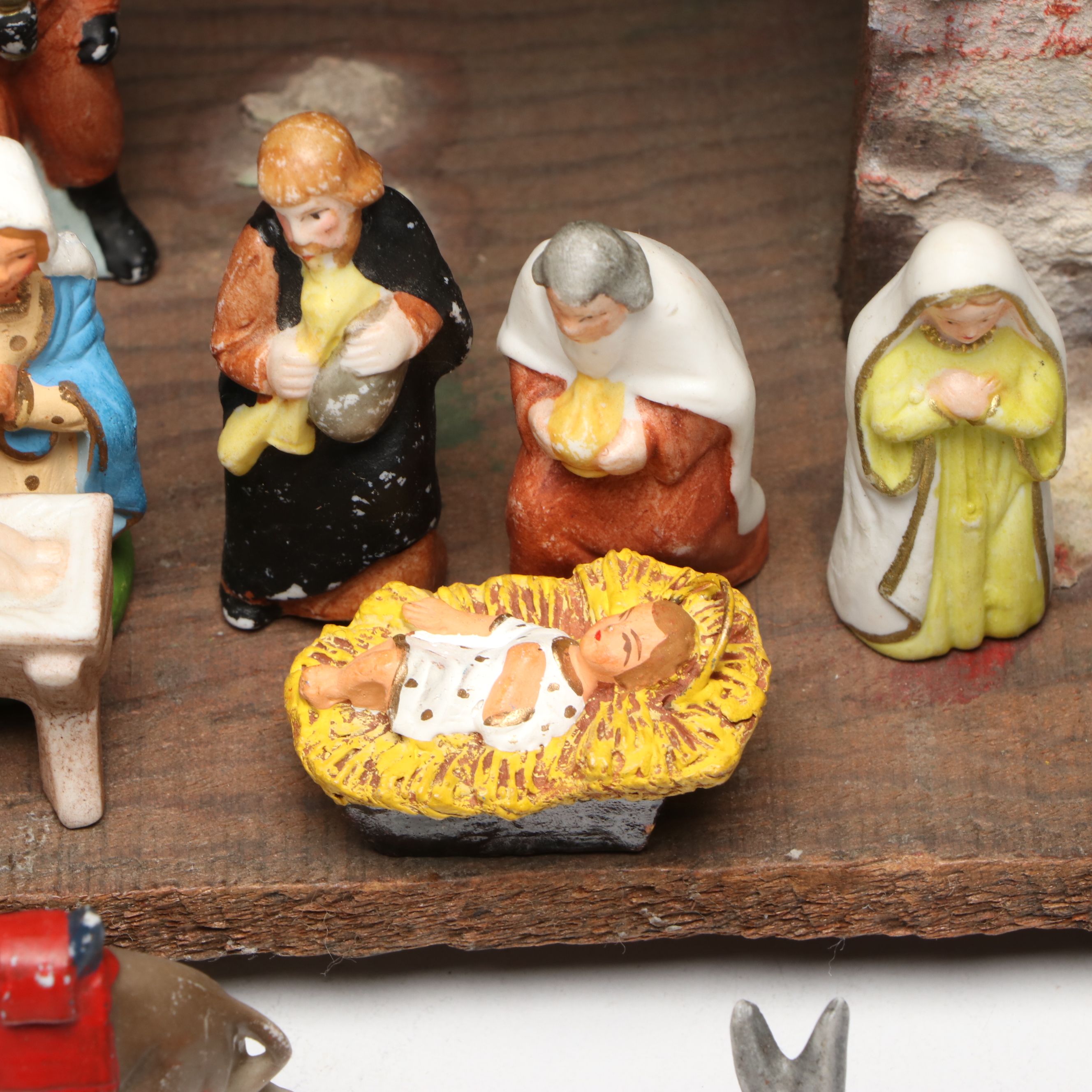 French and Other Nativity Figurines with Barn, Mid-20th Century