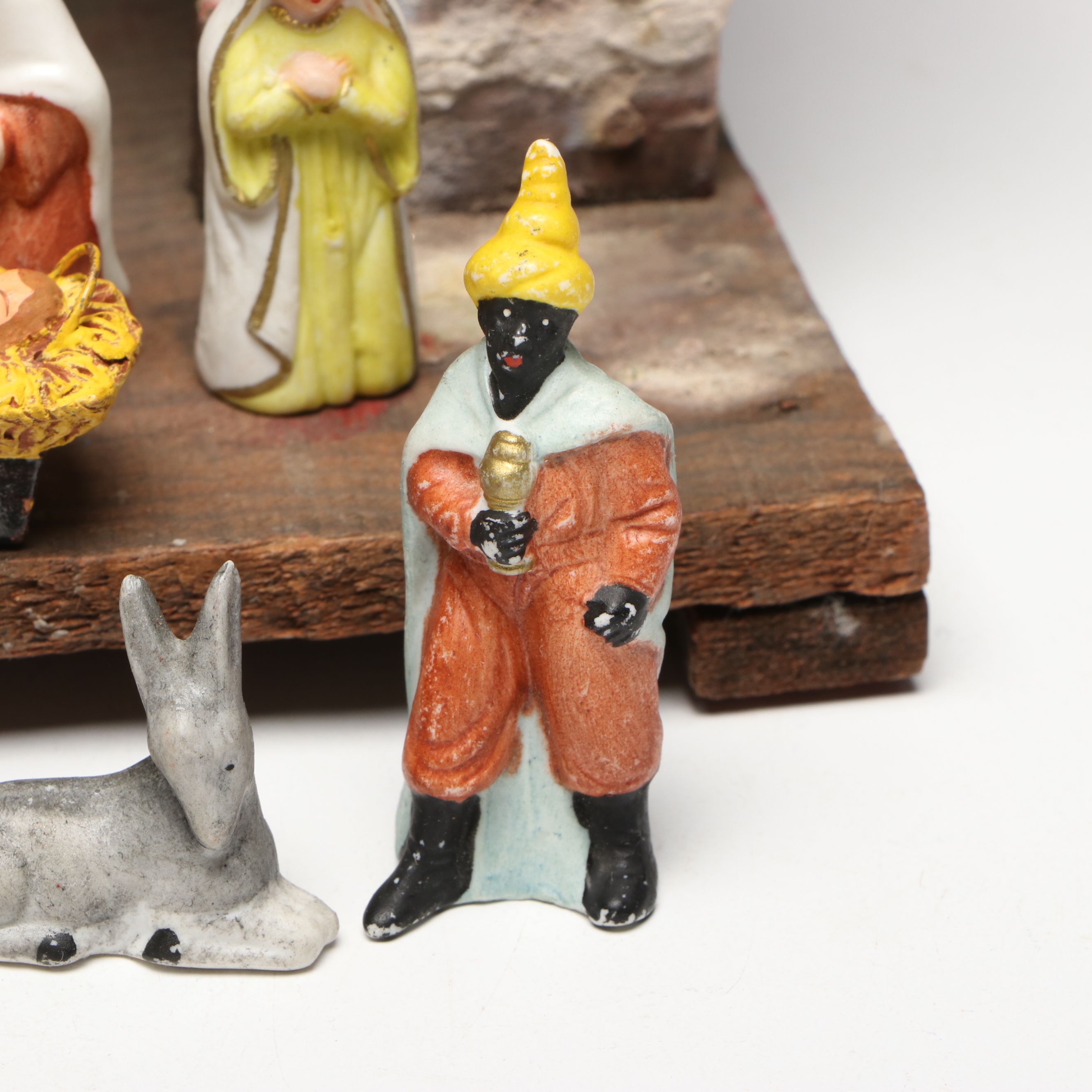 French and Other Nativity Figurines with Barn, Mid-20th Century