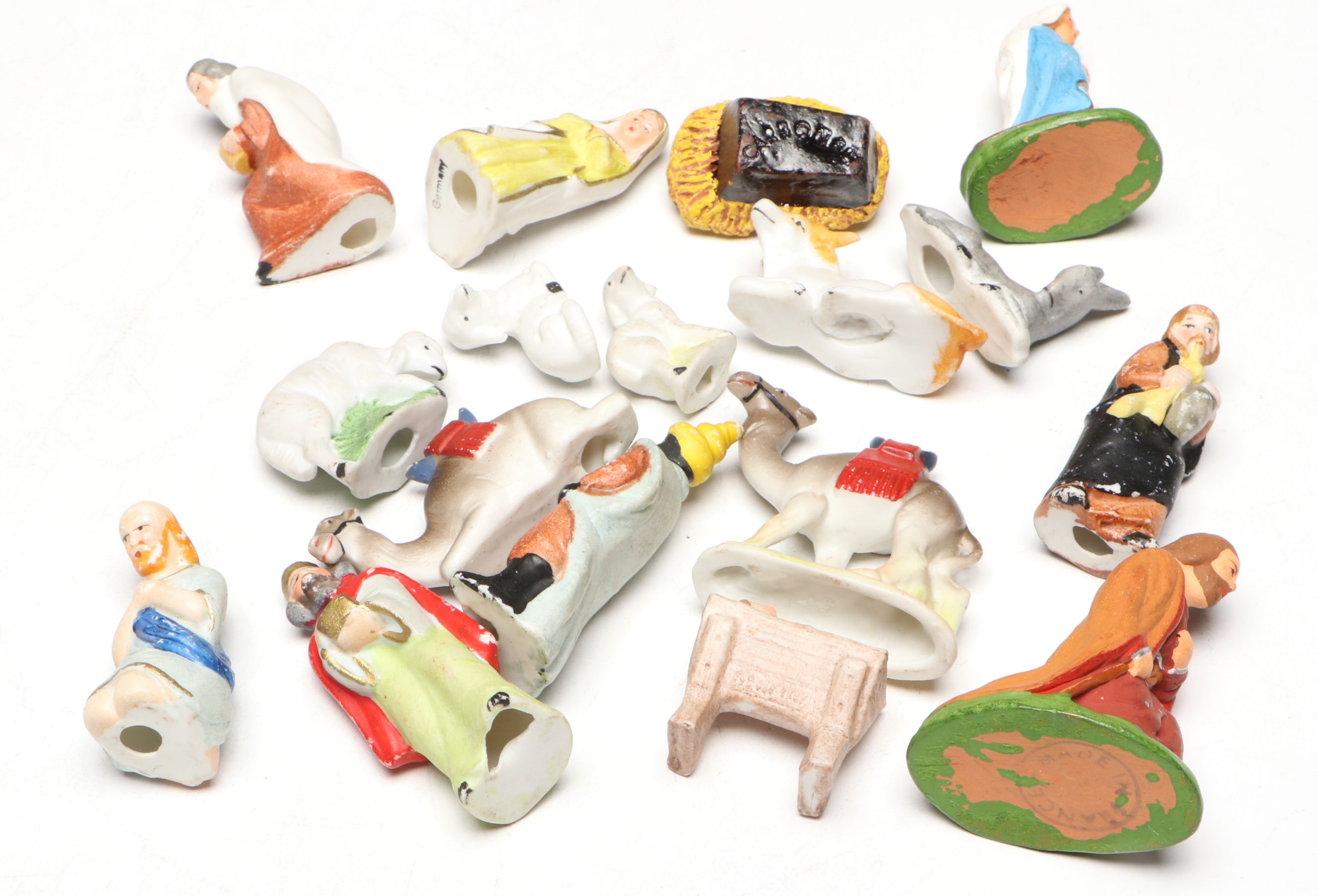 French and Other Nativity Figurines with Barn, Mid-20th Century