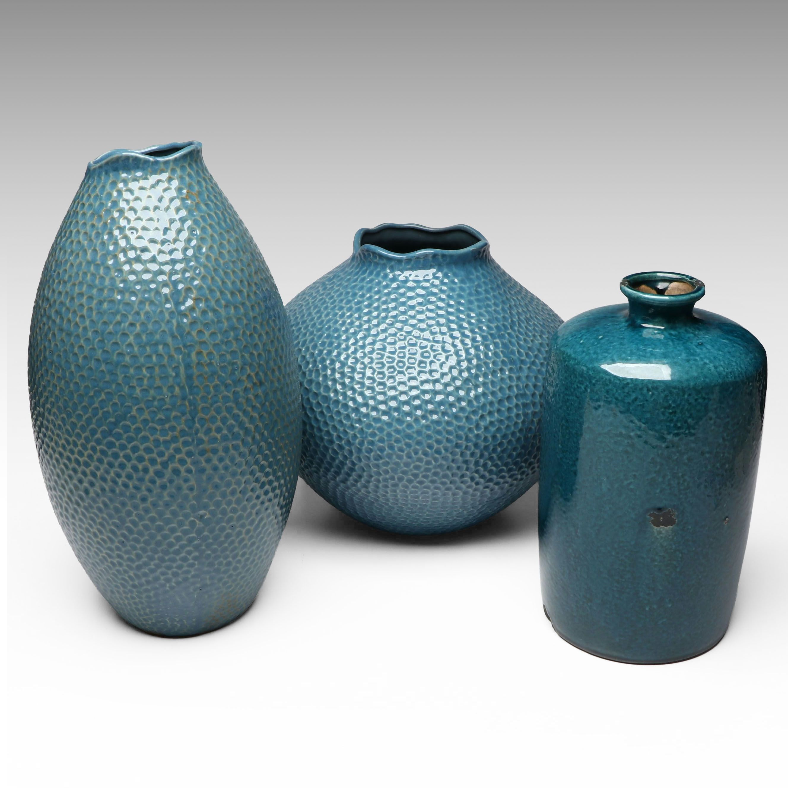 Arhaus "Eva" Round and Tall Vases with Other Blue Ceramic Vase