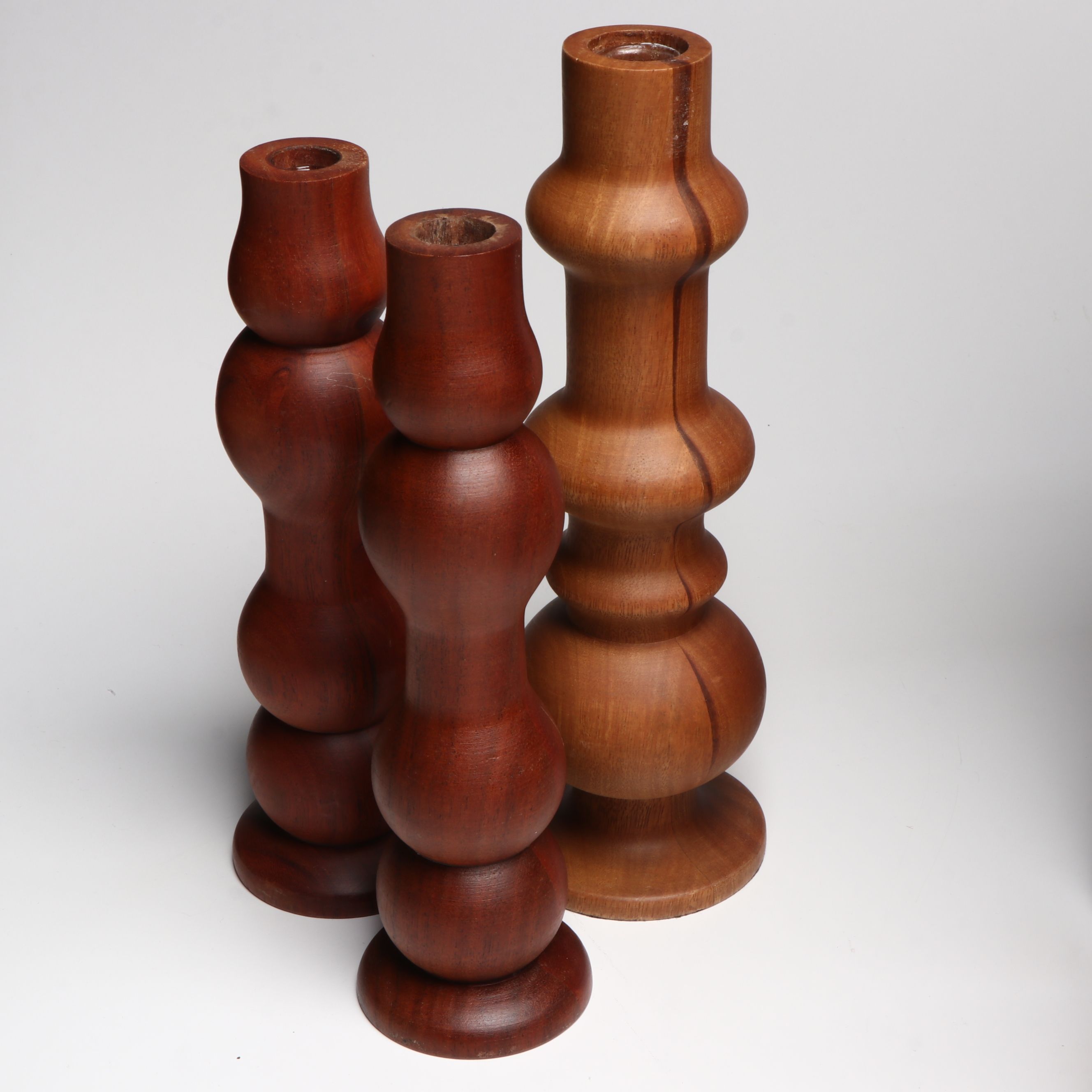 Incised Wood and Ceramic Vases with Tray and Turned Wood Candle Holders