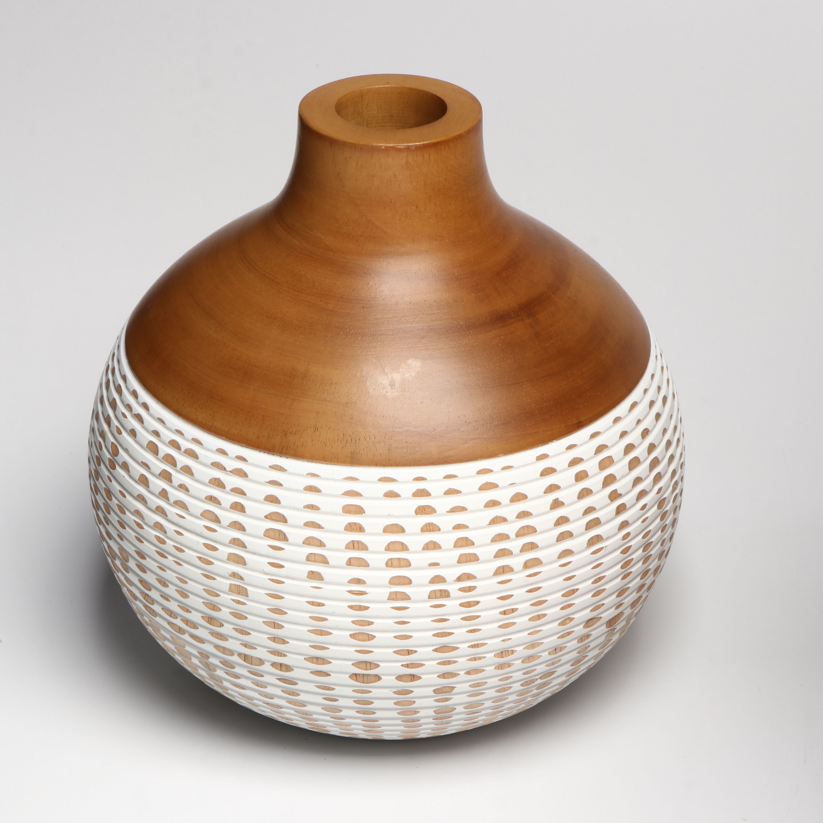 Incised Wood and Ceramic Vases with Tray and Turned Wood Candle Holders