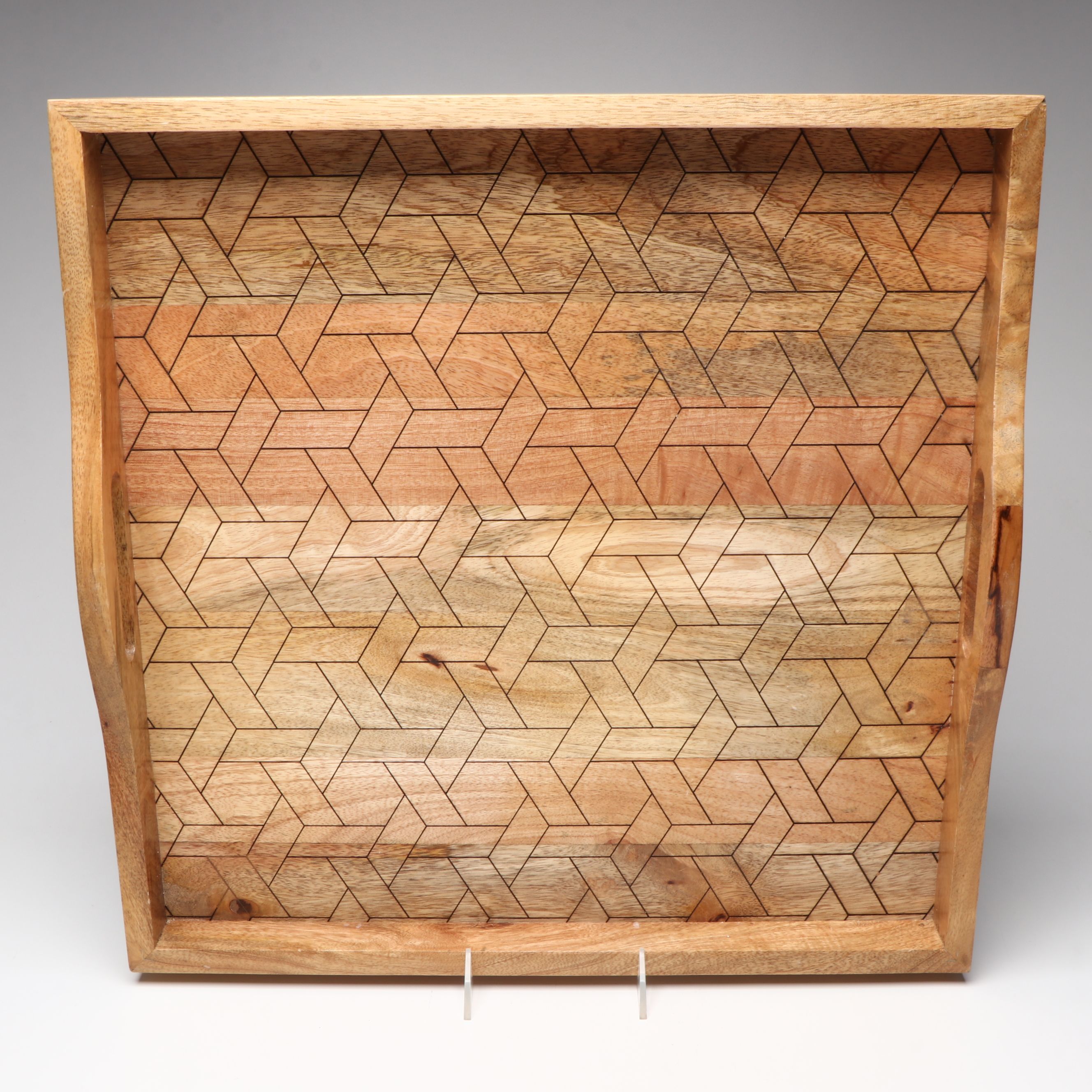 Incised Wood and Ceramic Vases with Tray and Turned Wood Candle Holders