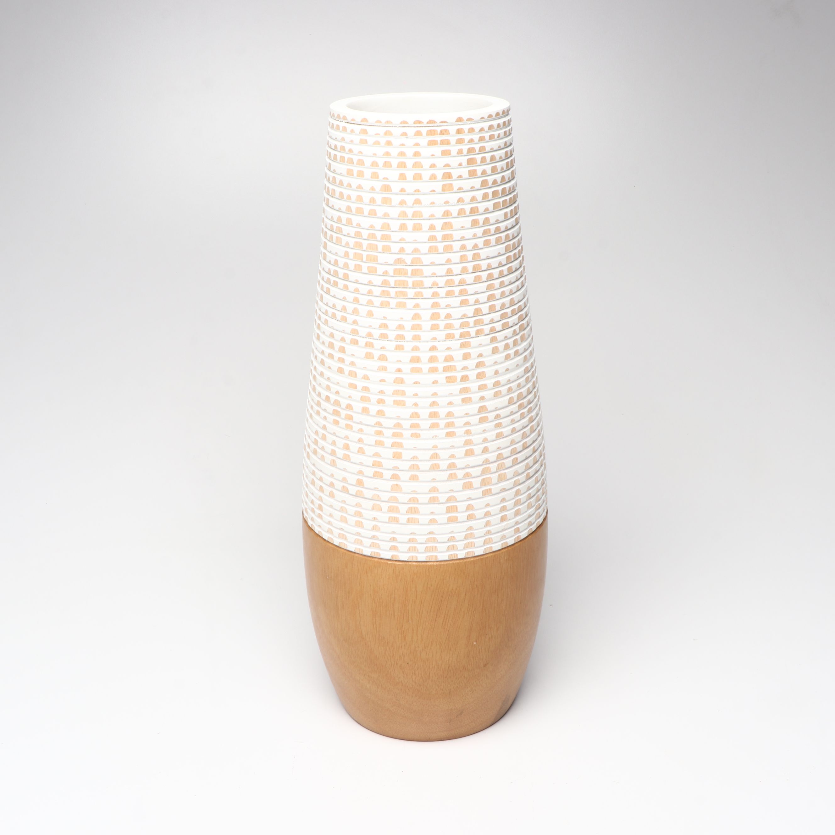 Incised Wood and Ceramic Vases with Tray and Turned Wood Candle Holders