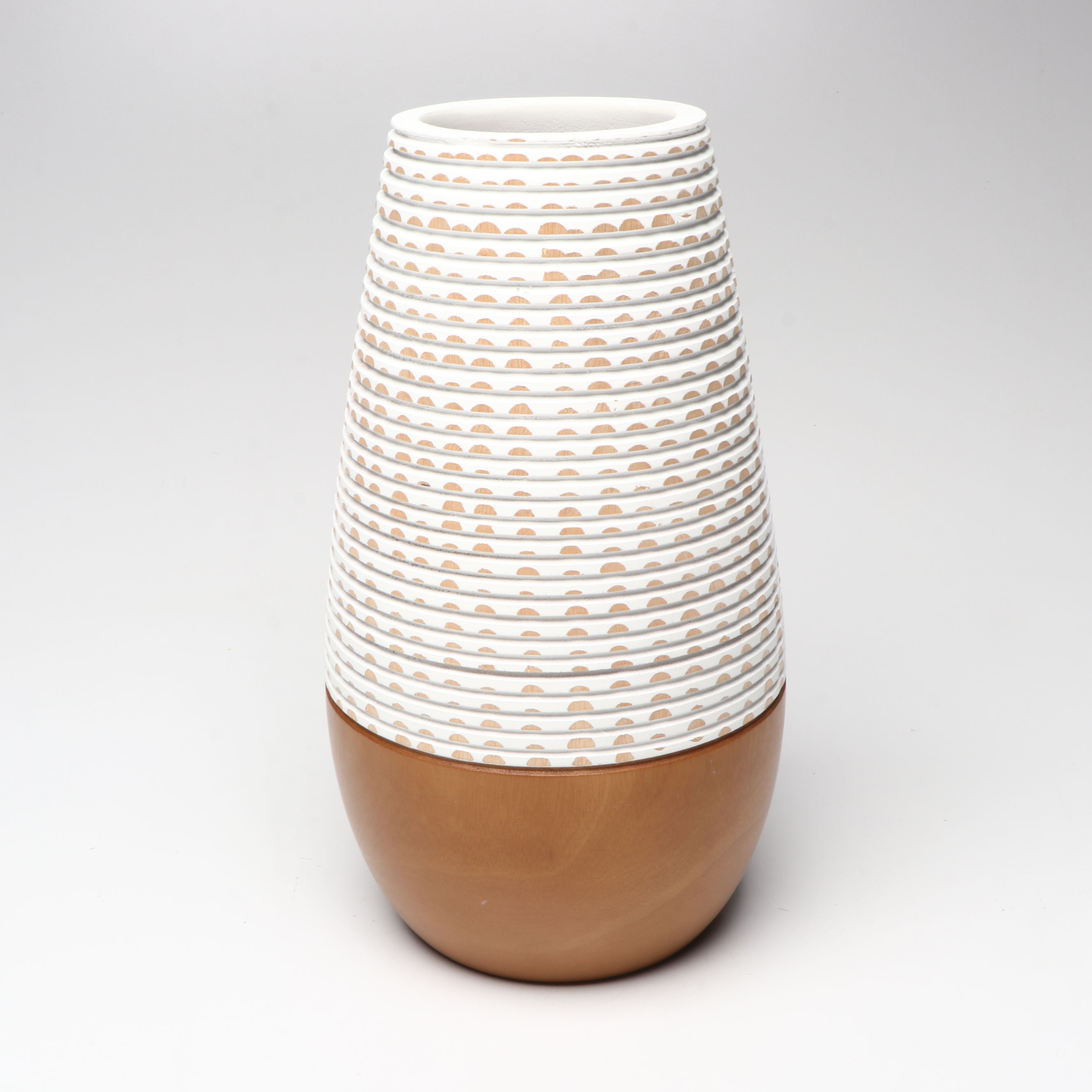 Incised Wood and Ceramic Vases with Tray and Turned Wood Candle Holders