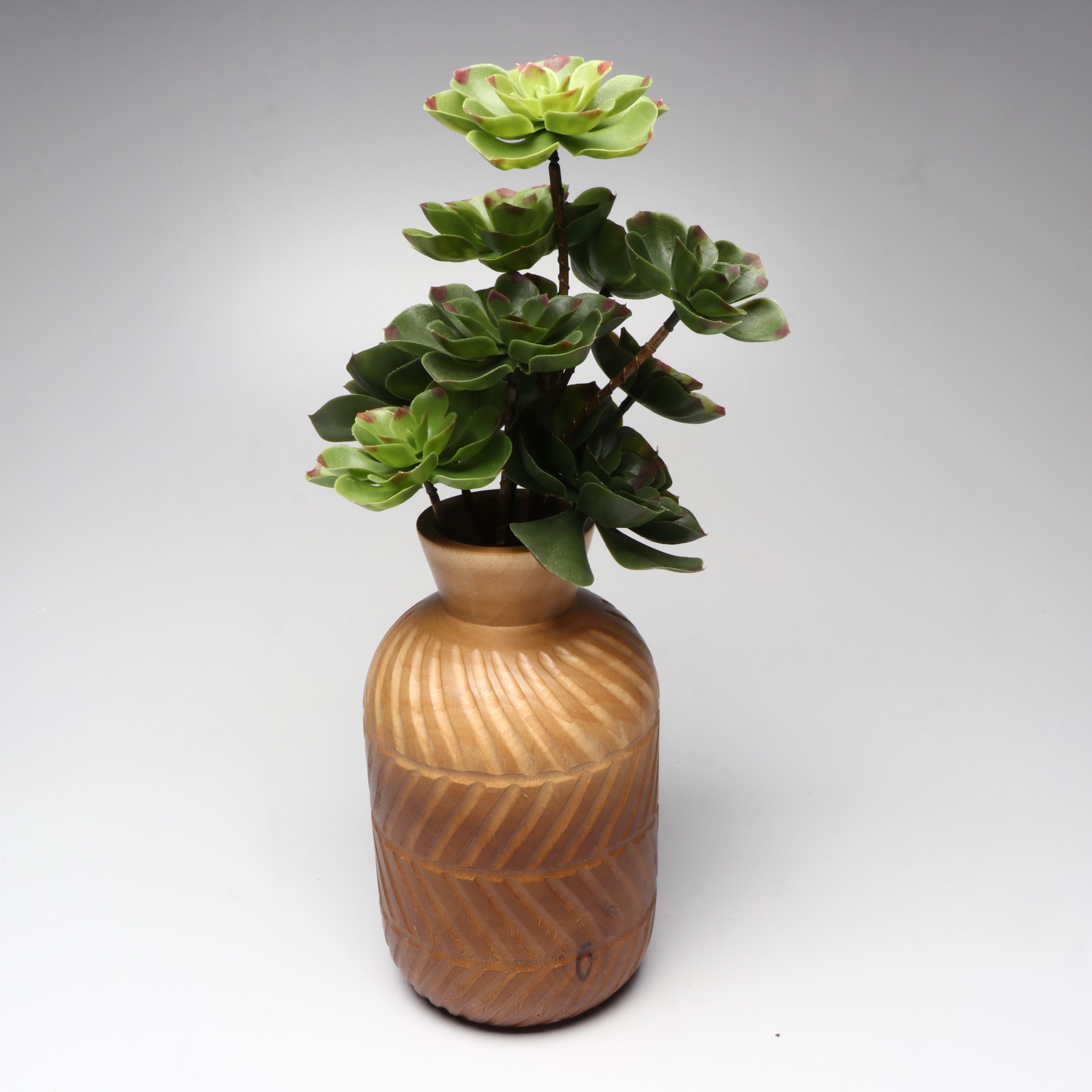 Incised Wood and Ceramic Vases with Tray and Turned Wood Candle Holders
