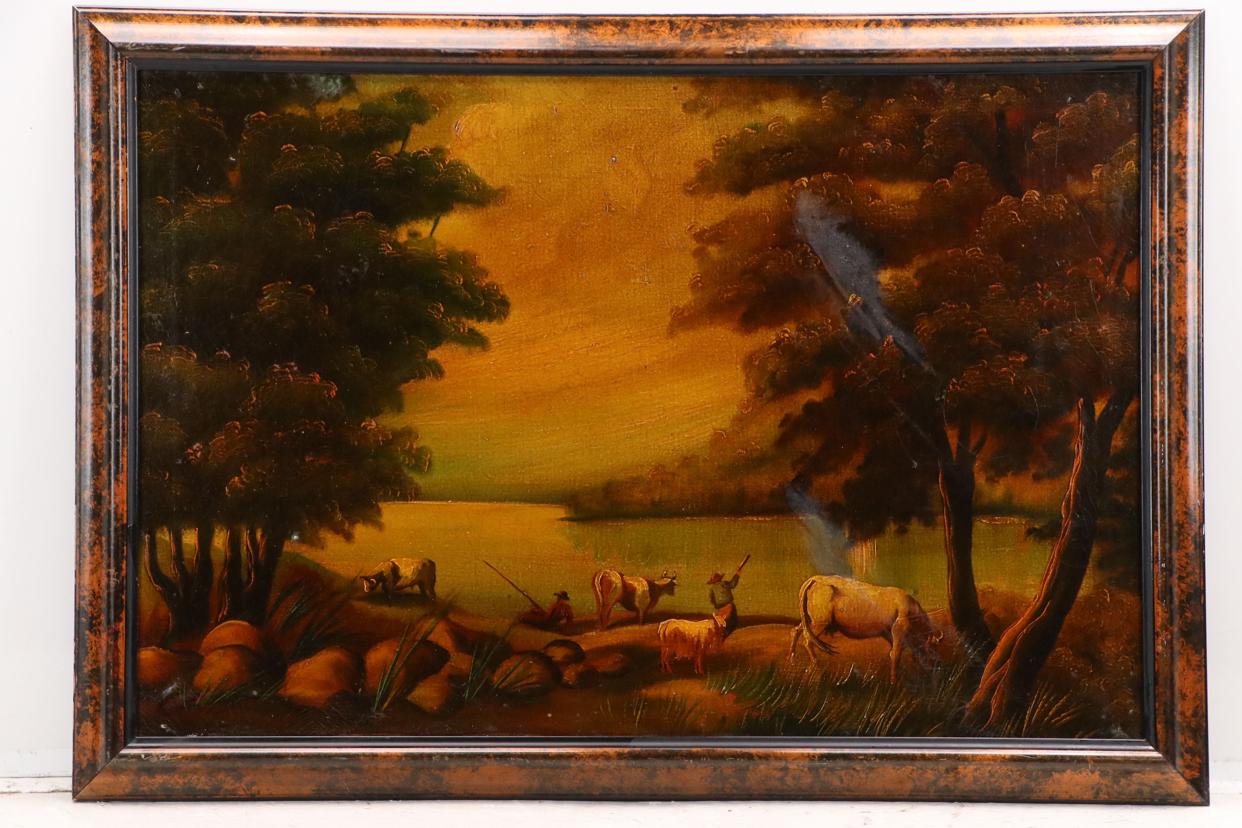 Landscape Oil Painting of Watering Livestock and Herders, Late 19th Century
