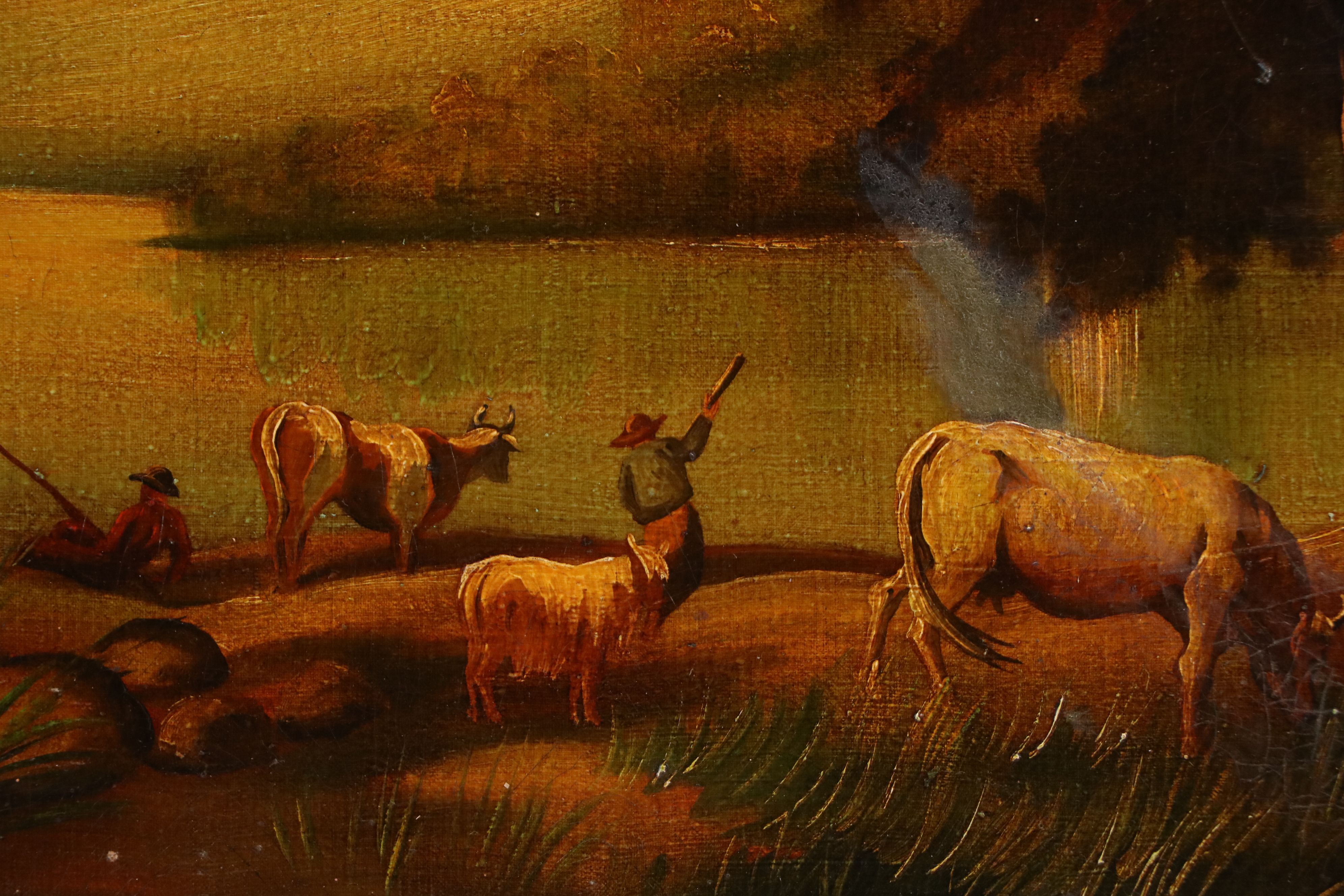 Landscape Oil Painting of Watering Livestock and Herders, Late 19th Century