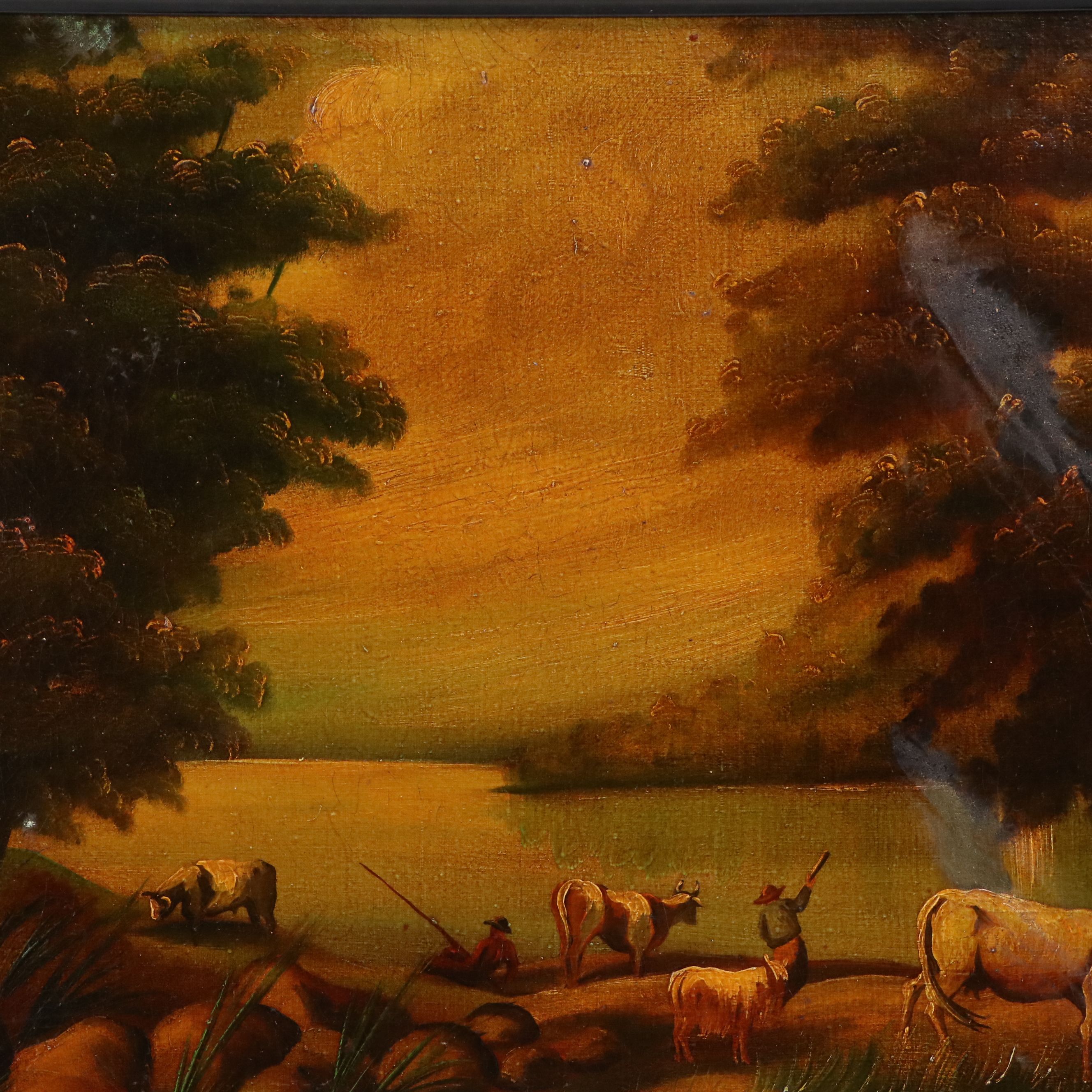 Landscape Oil Painting of Watering Livestock and Herders, Late 19th Century