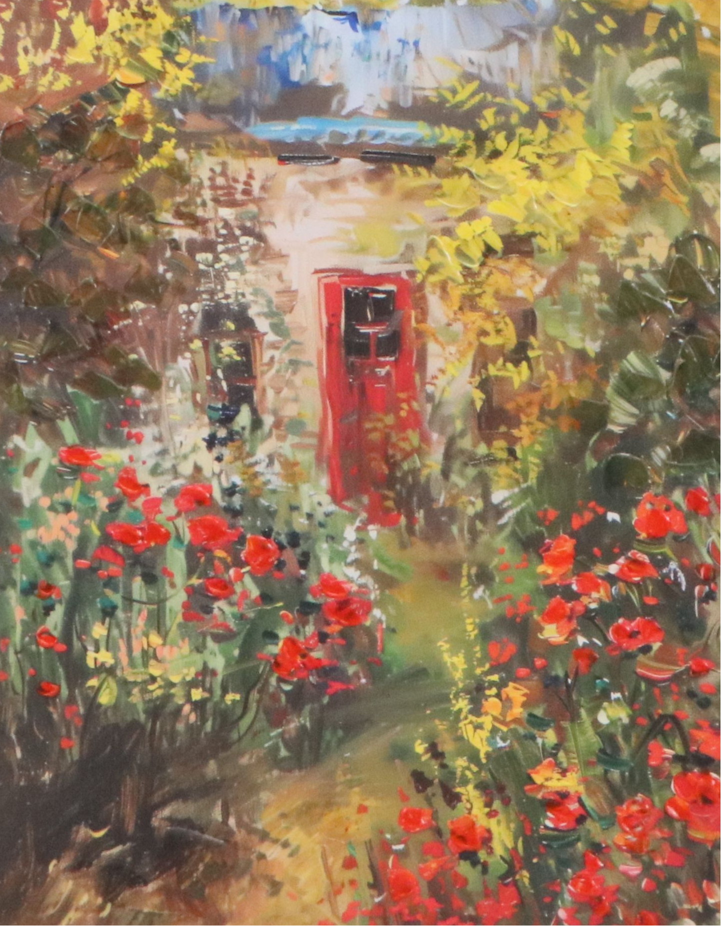 Embellished Digital Prints of Pink Peonies and Red Cottage Door, 21st Century