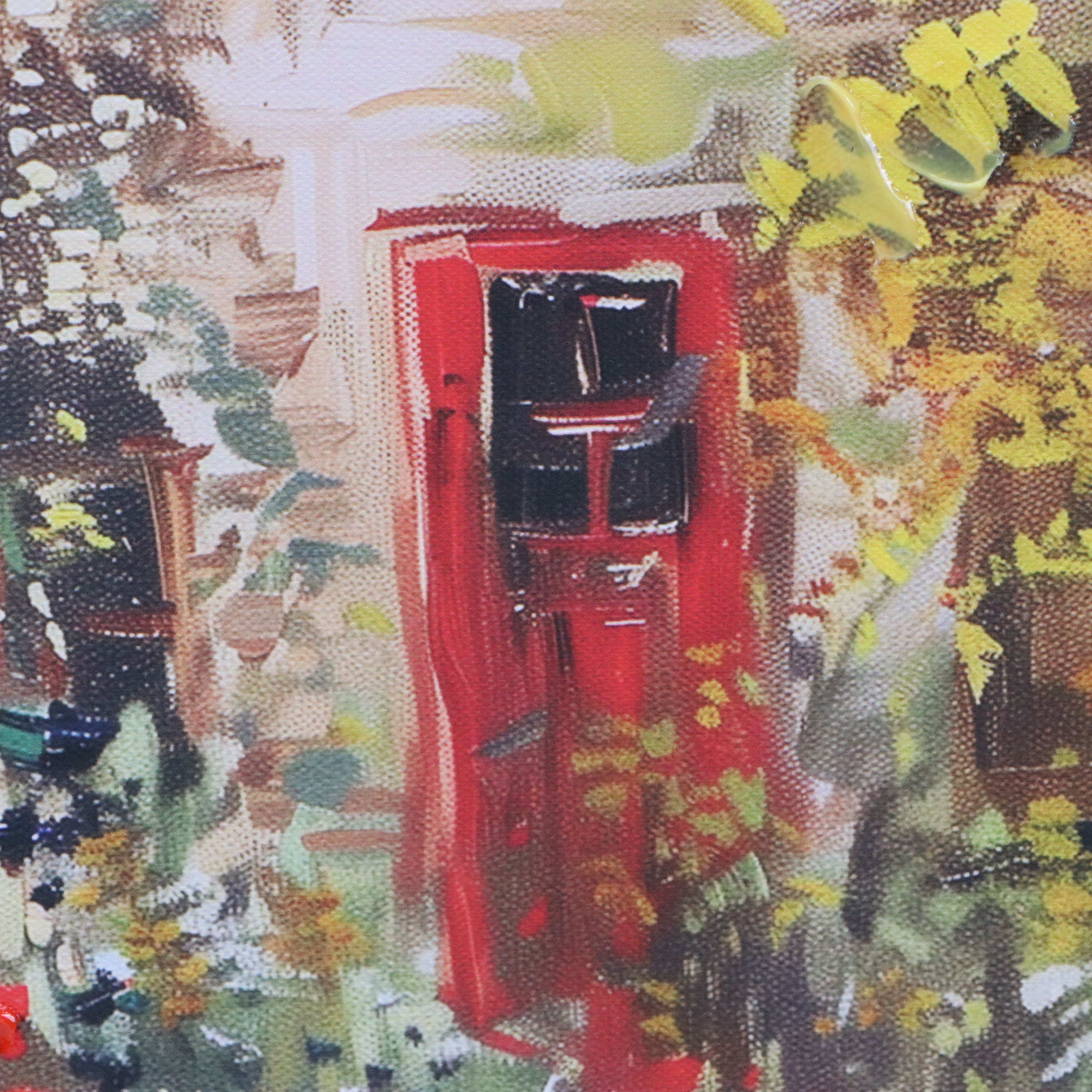 Embellished Digital Prints of Pink Peonies and Red Cottage Door, 21st Century