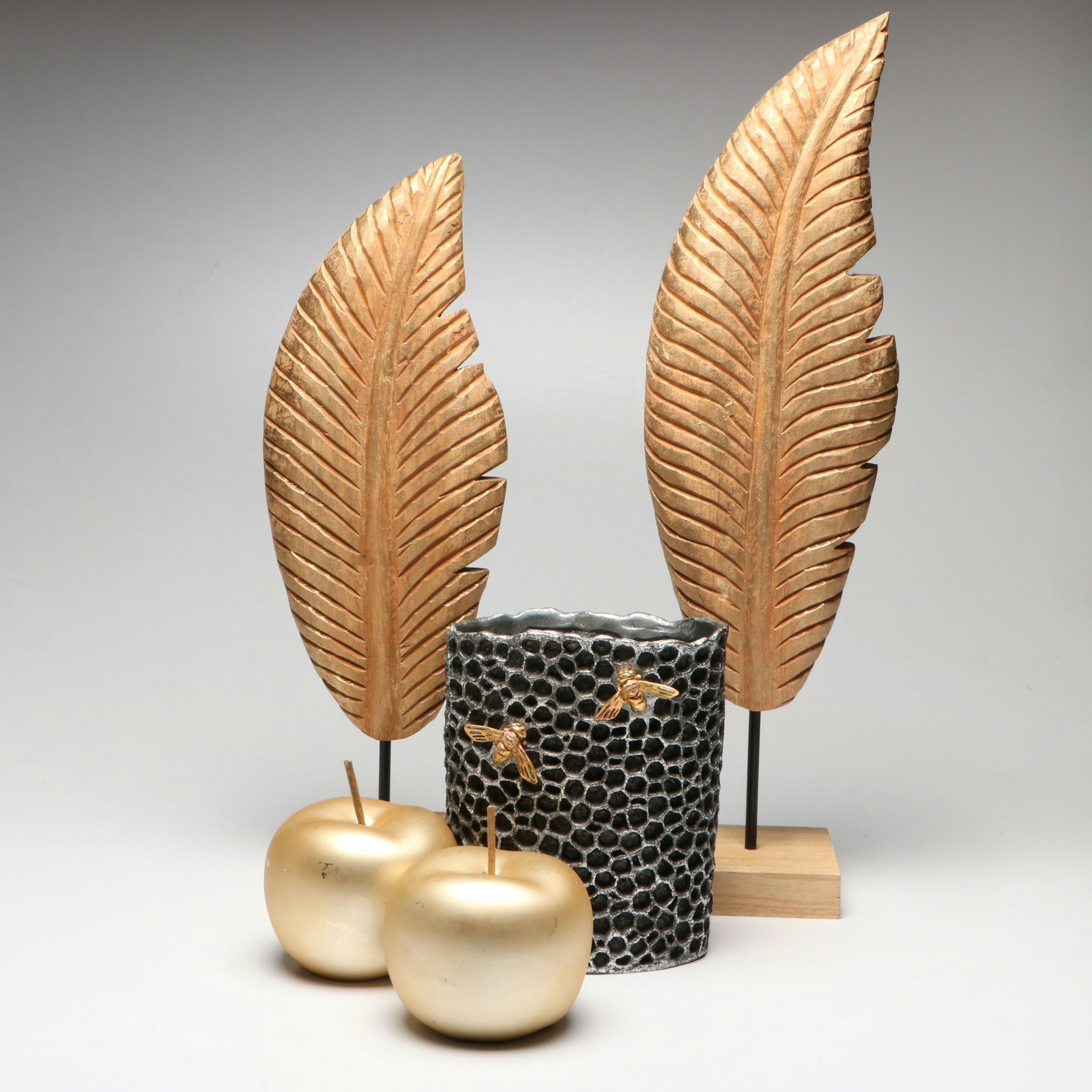 Contemporary Gold Finished Leaf Figurines with Apples and Beehive Vase