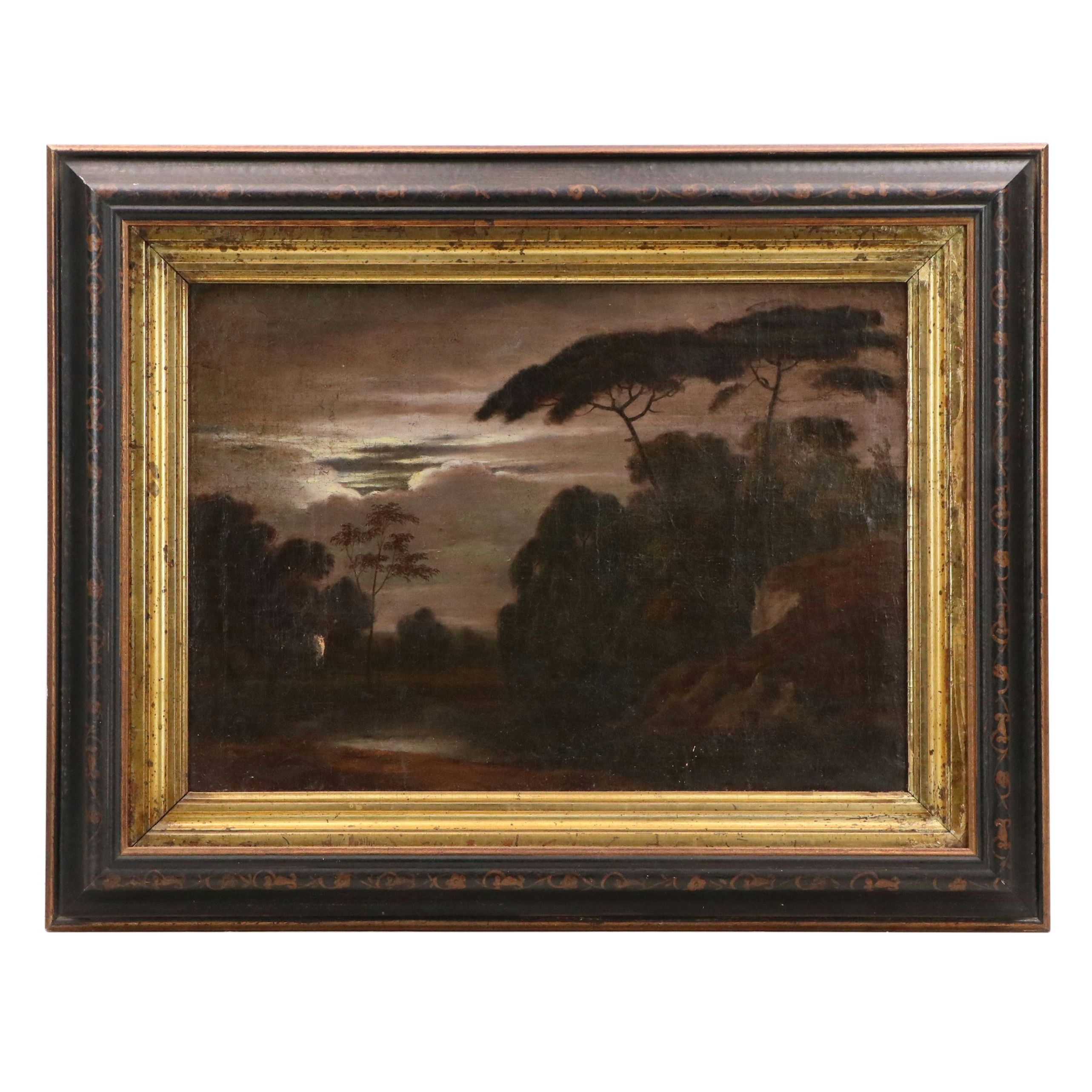 Continental School Nocturne Landscape Oil Painting of Trees and Stream, 19th C.