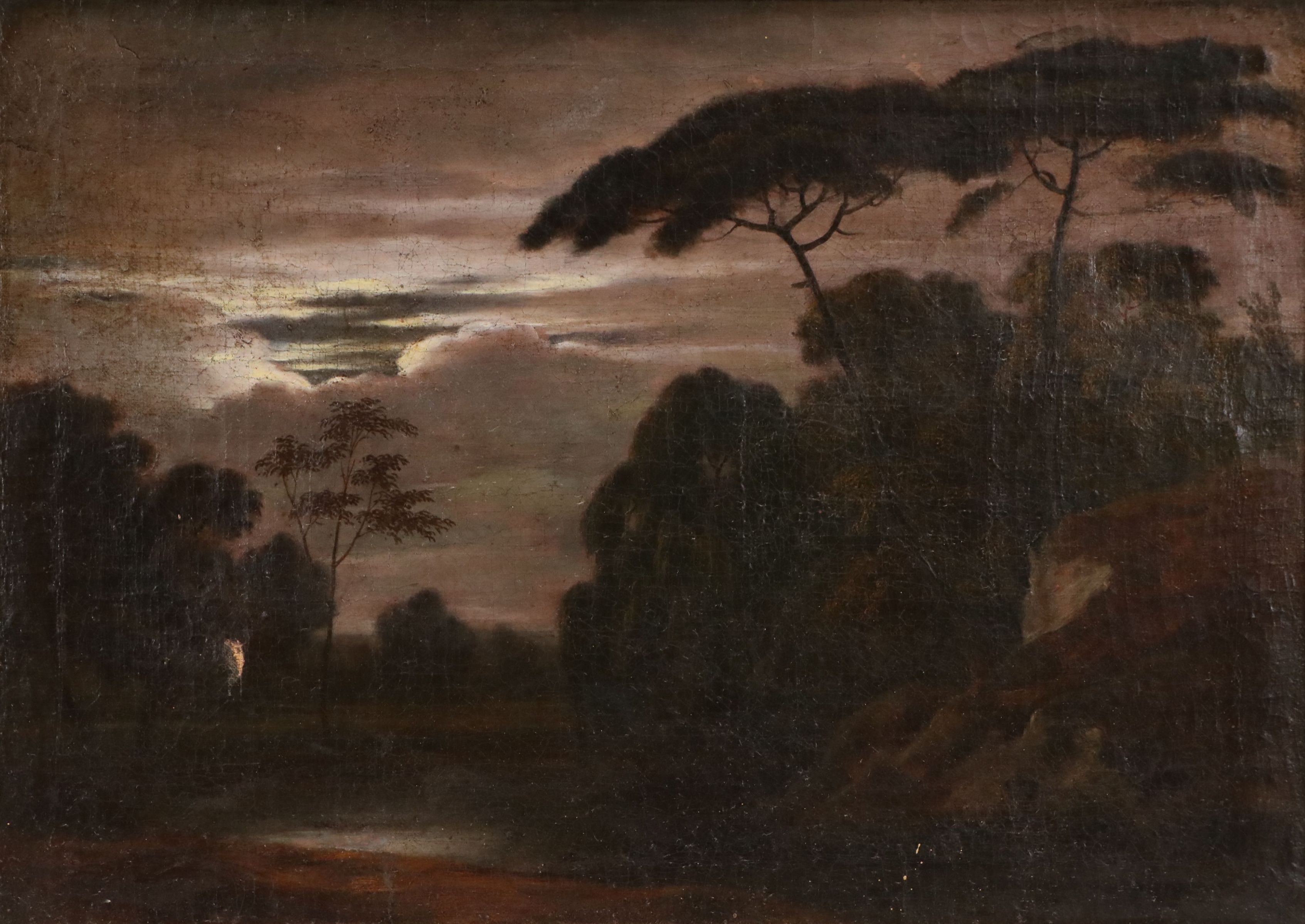 Continental School Nocturne Landscape Oil Painting of Trees and Stream, 19th C.
