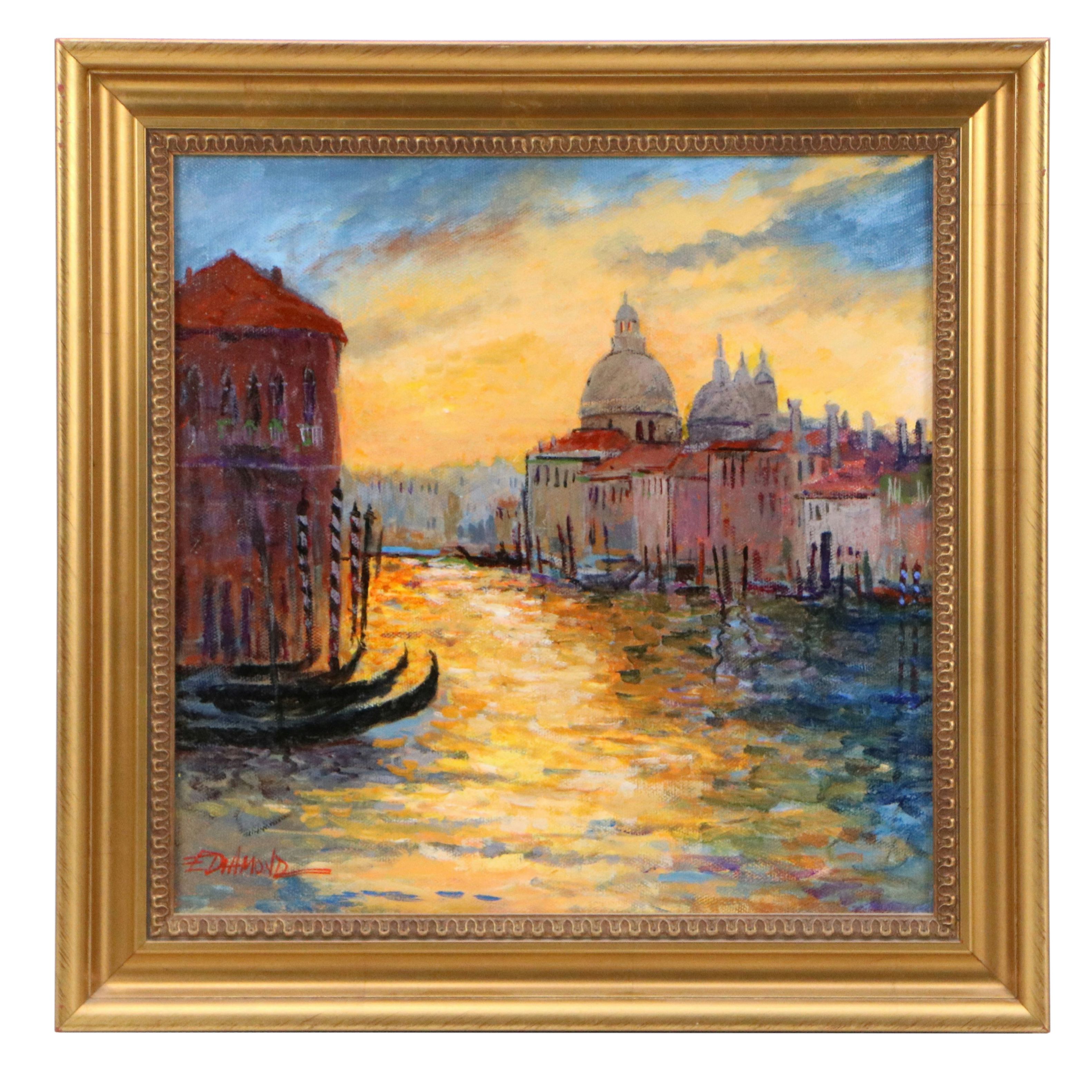 Ellen Diamond Oil Painting of Venetian Sunset, Late 20th Century