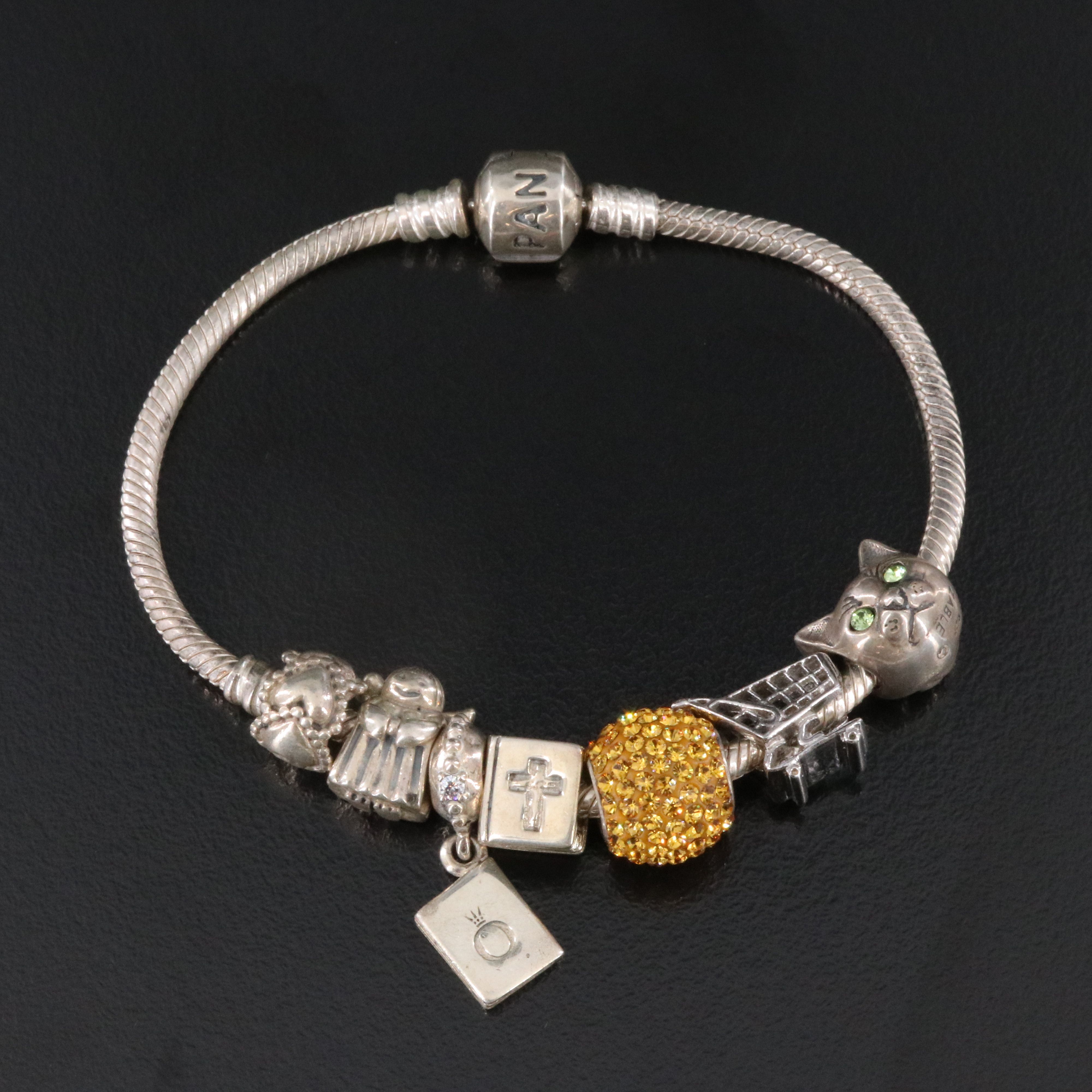 Pandora Sterling Bracelet and Charms with Zable Beads, Rhinestones and CZ