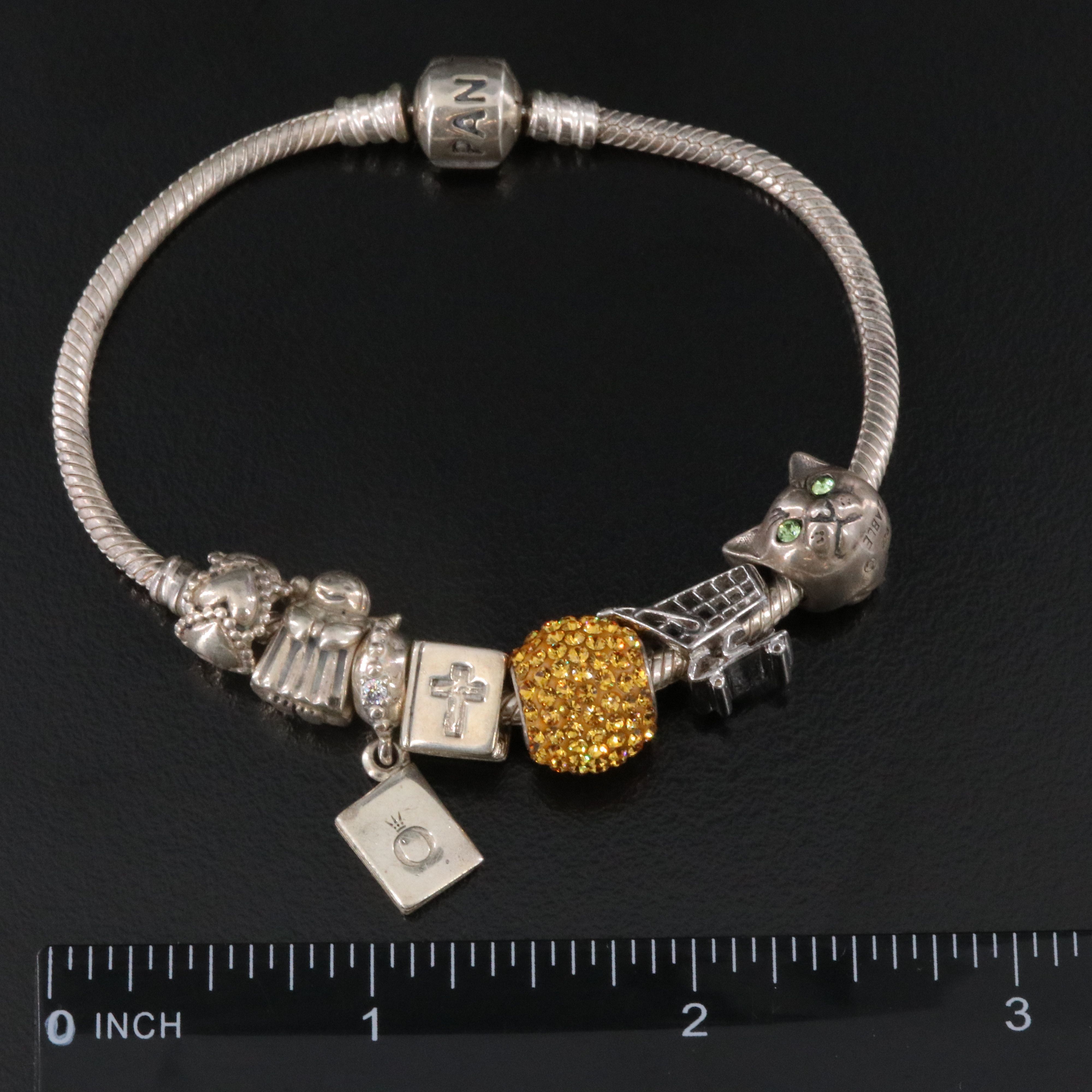 Pandora Sterling Bracelet and Charms with Zable Beads, Rhinestones and CZ