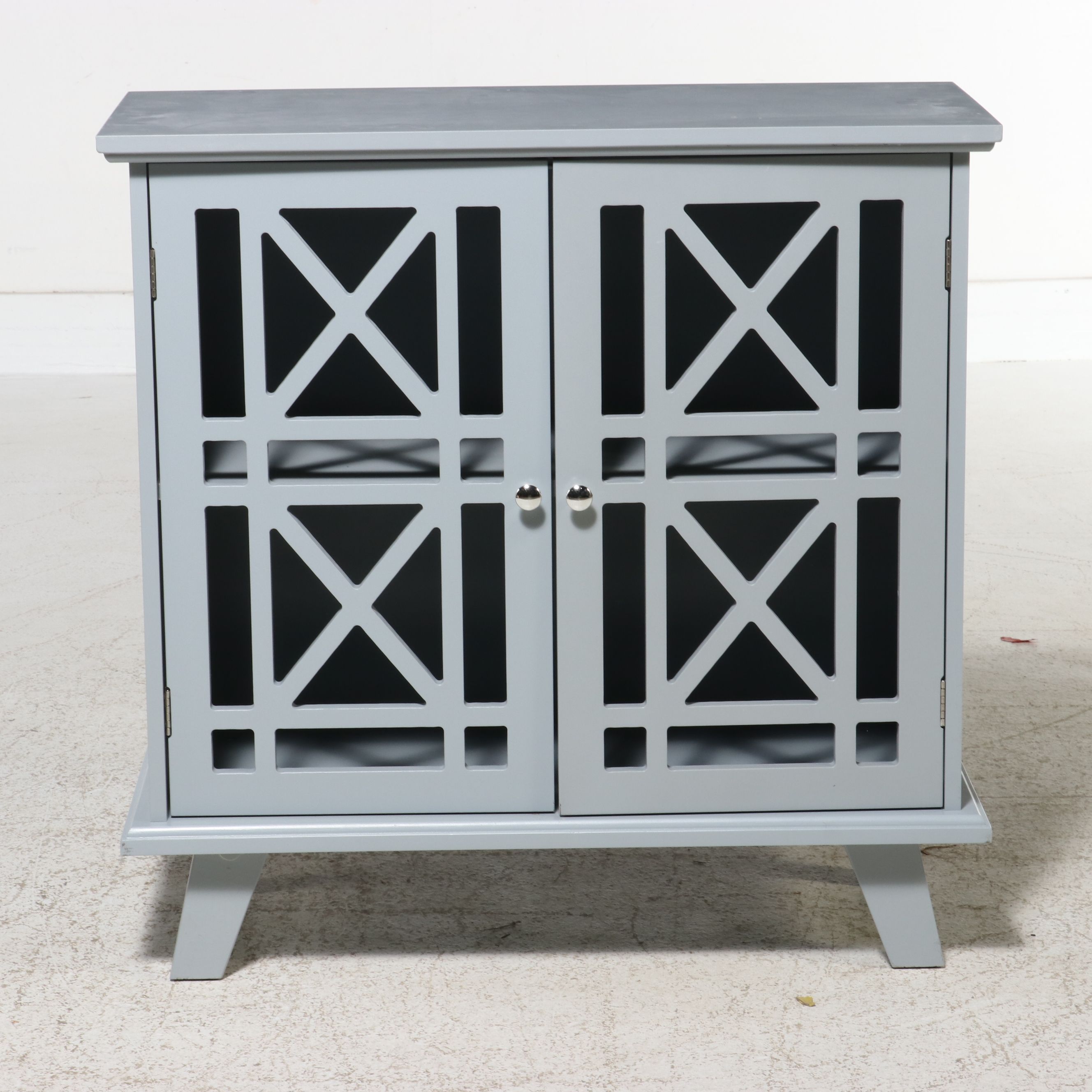 Contemporary Hollywood Regency Style Grey Fretwork Accent Cabinet, 21st Century