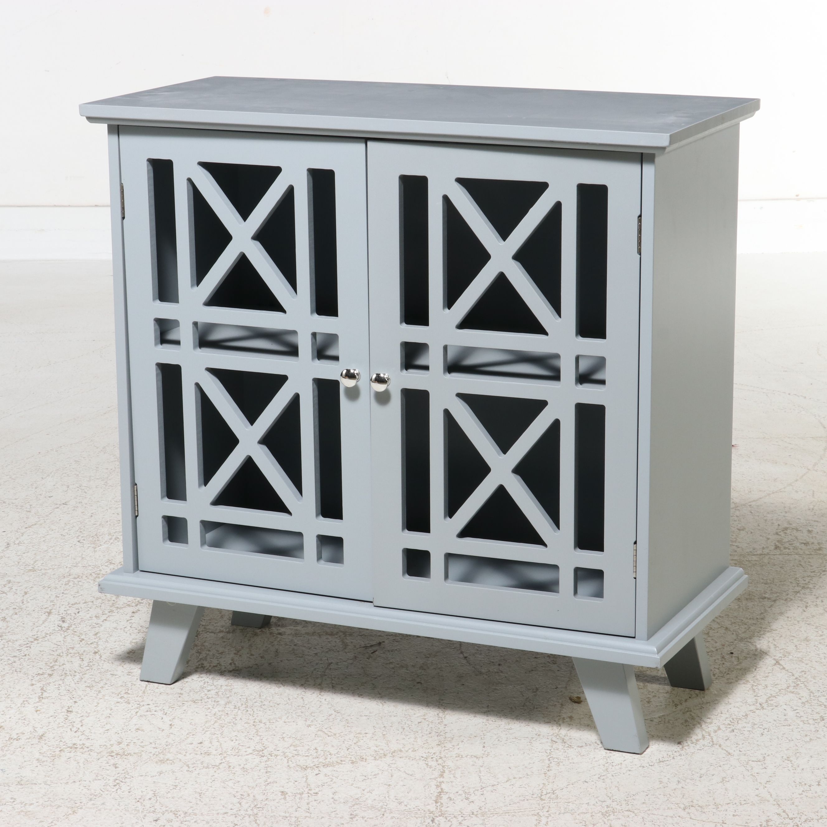 Contemporary Hollywood Regency Style Grey Fretwork Accent Cabinet, 21st Century