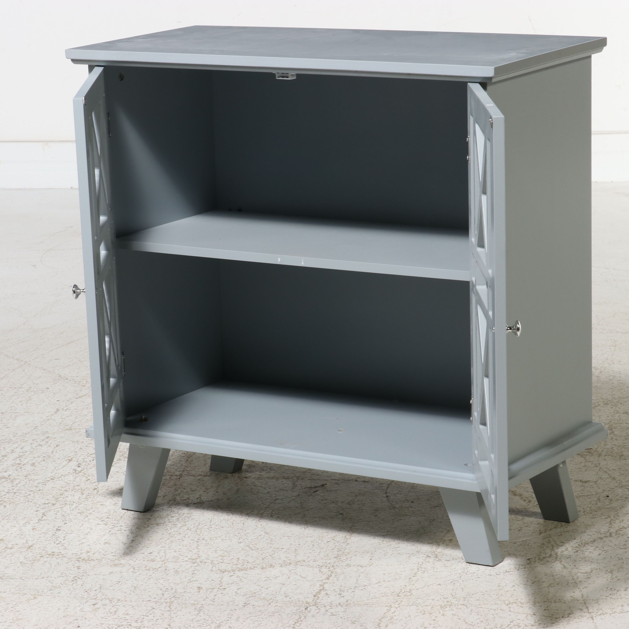 Contemporary Hollywood Regency Style Grey Fretwork Accent Cabinet, 21st Century