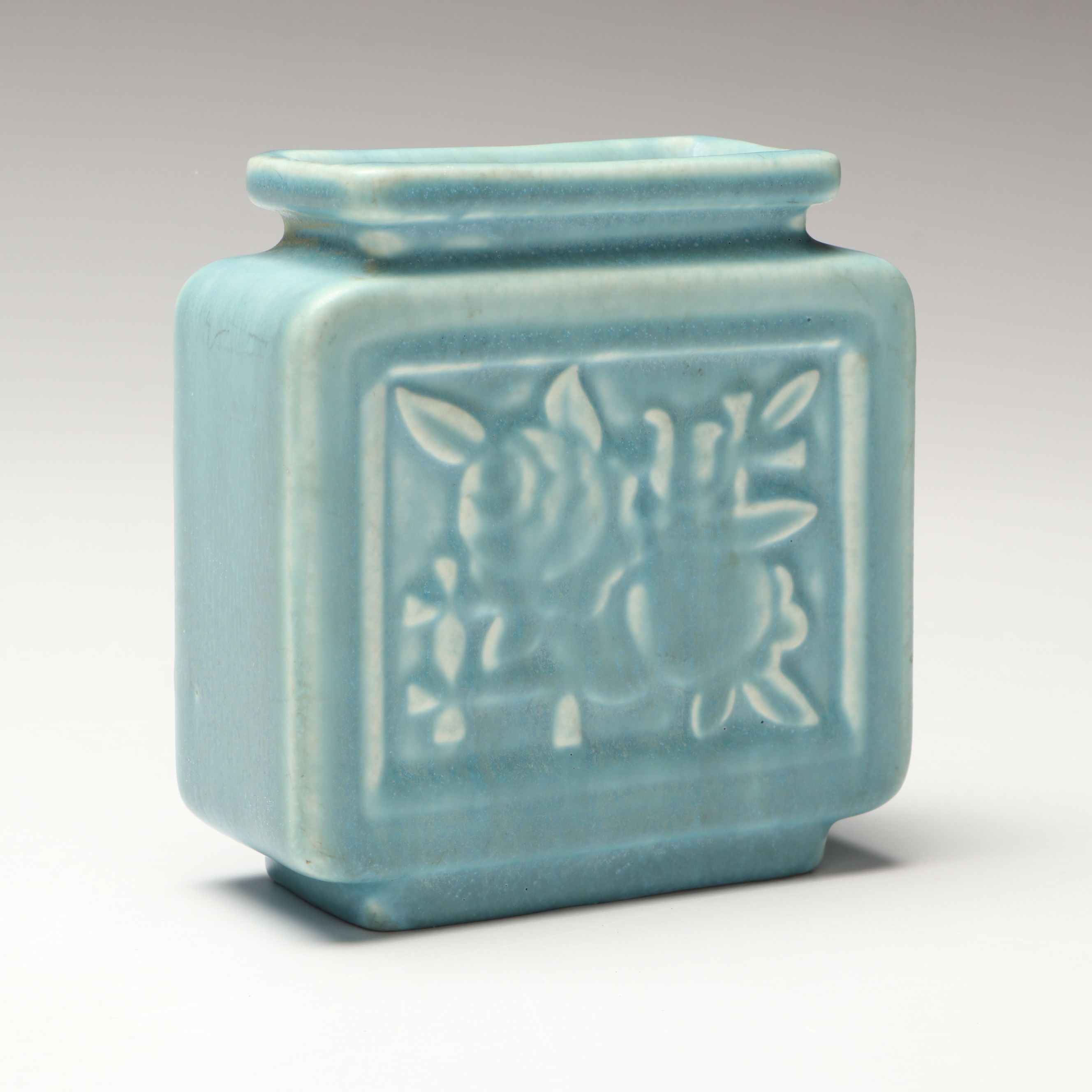 Rookwood Pottery Matte Blue Rose Lattice Block Vase, 1944