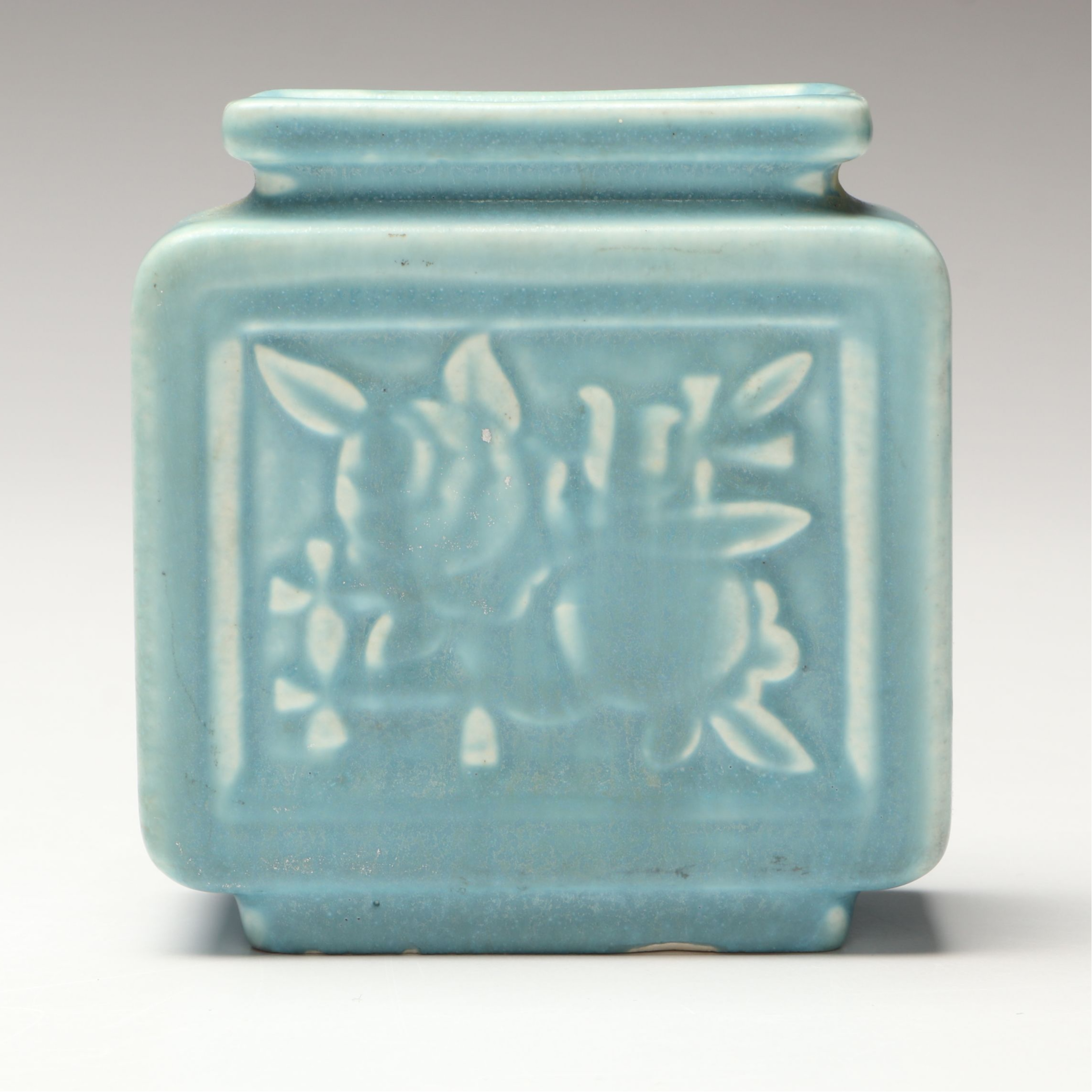 Rookwood Pottery Matte Blue Rose Lattice Block Vase, 1944