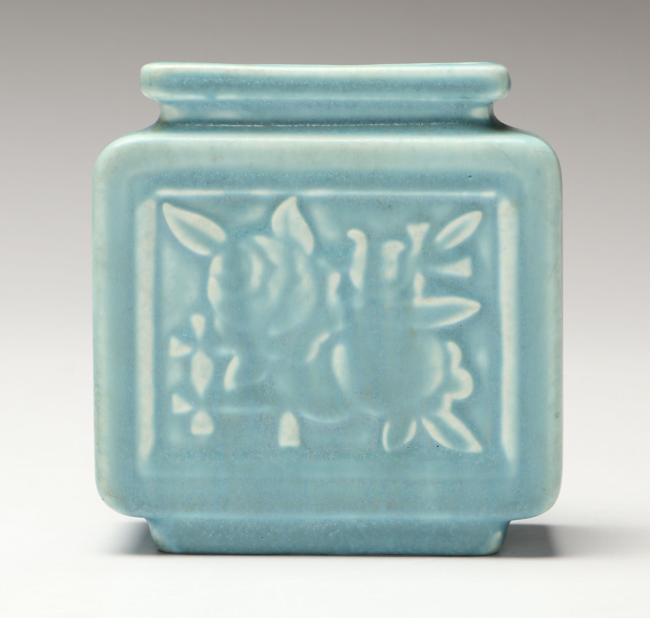 Rookwood Pottery Matte Blue Rose Lattice Block Vase, 1944