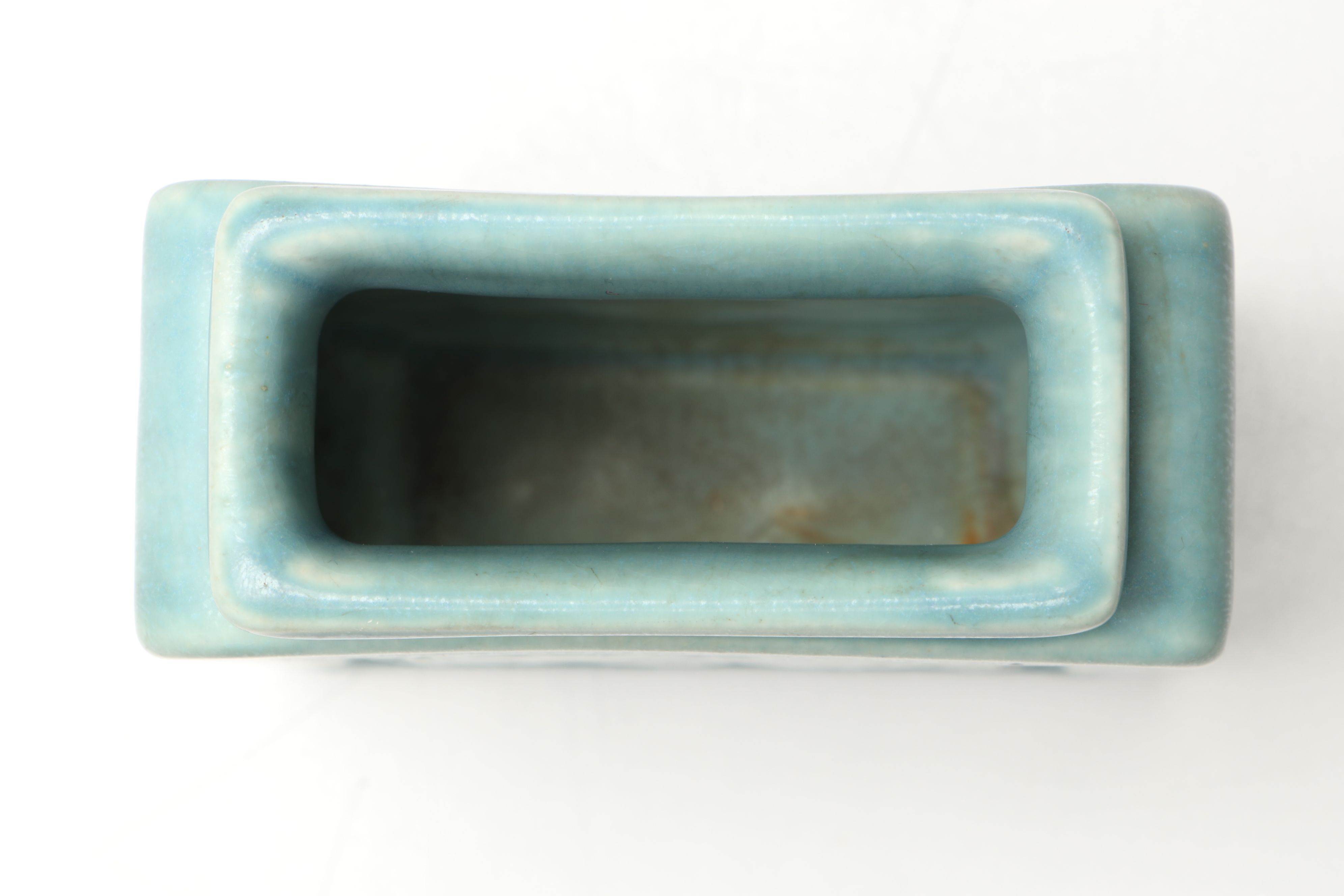 Rookwood Pottery Matte Blue Rose Lattice Block Vase, 1944