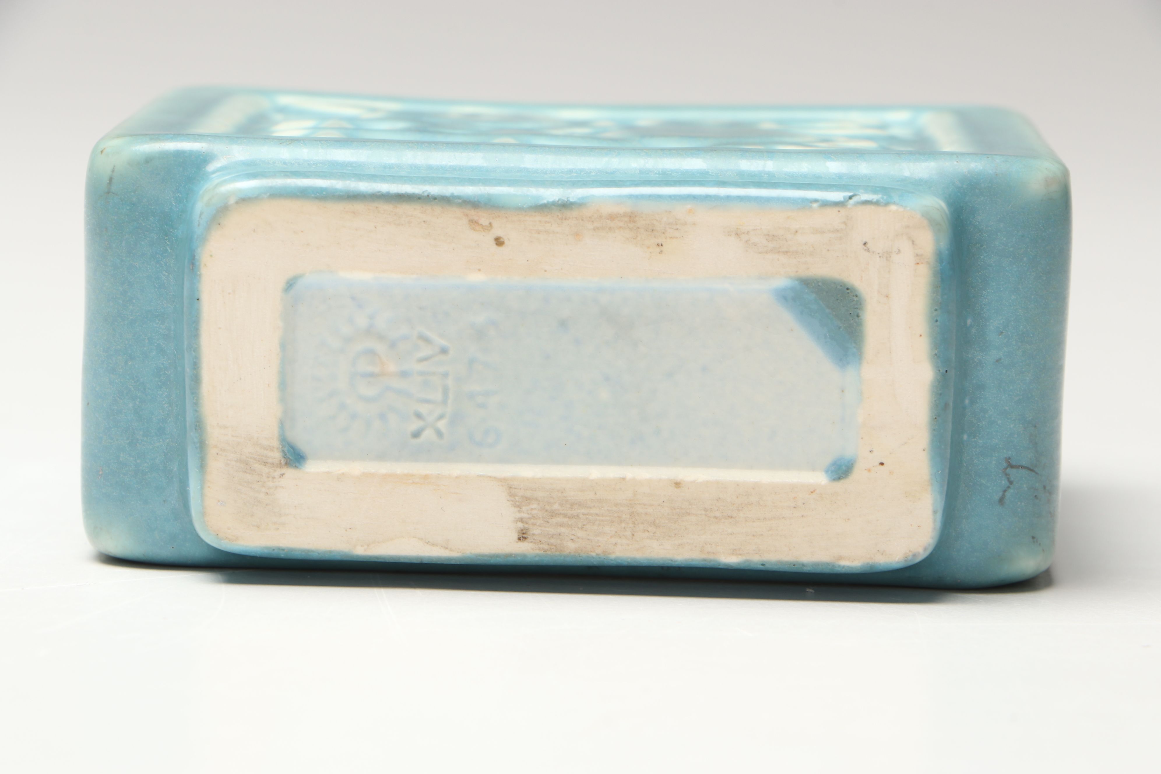 Rookwood Pottery Matte Blue Rose Lattice Block Vase, 1944