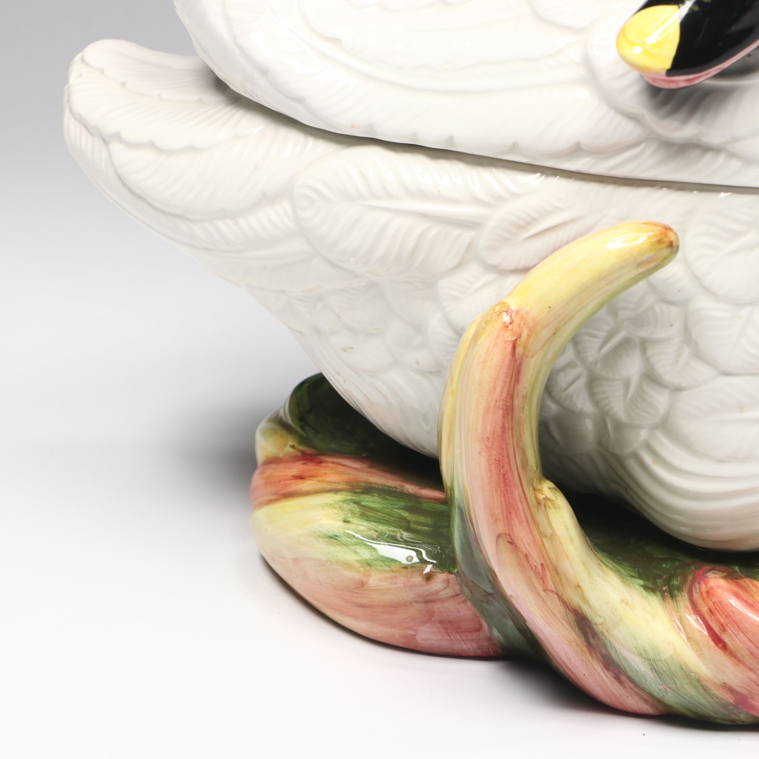 Italian Majolica Ceramic Swan Tureen with Ladle, Mid-20th Century