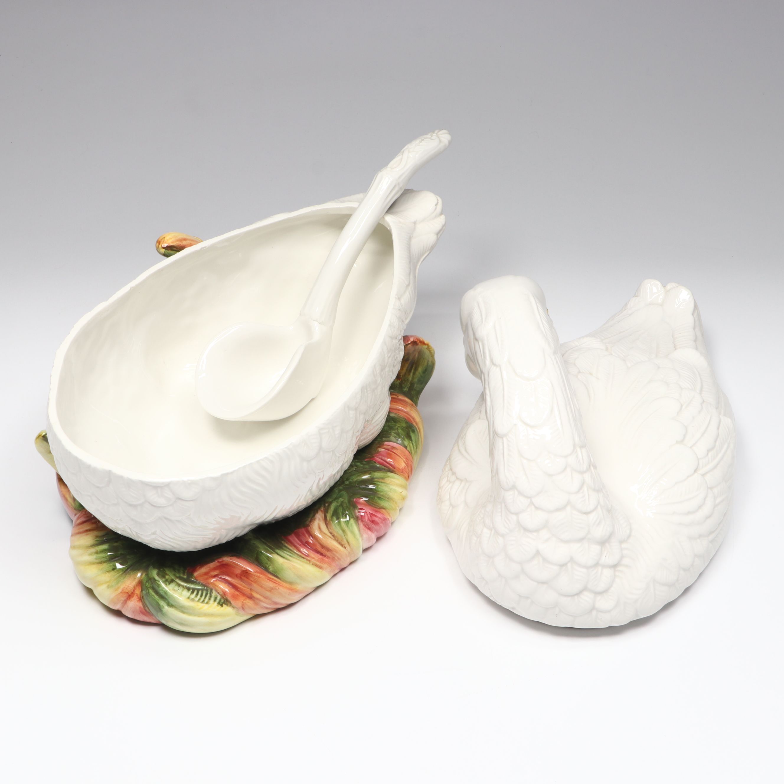 Italian Majolica Ceramic Swan Tureen with Ladle, Mid-20th Century