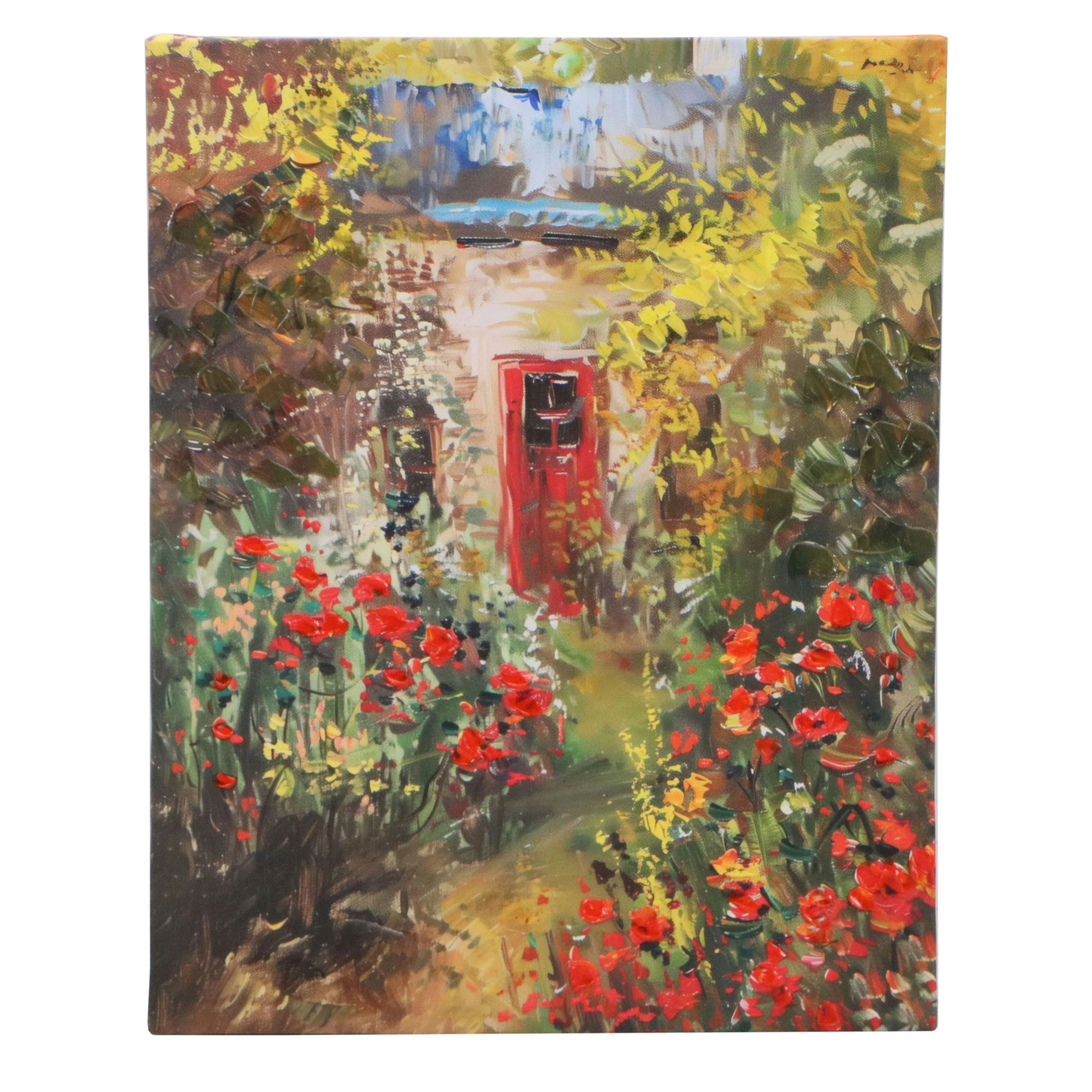 Embellished Digital Prints of Pink Peonies and Red Cottage Door, 21st Century
