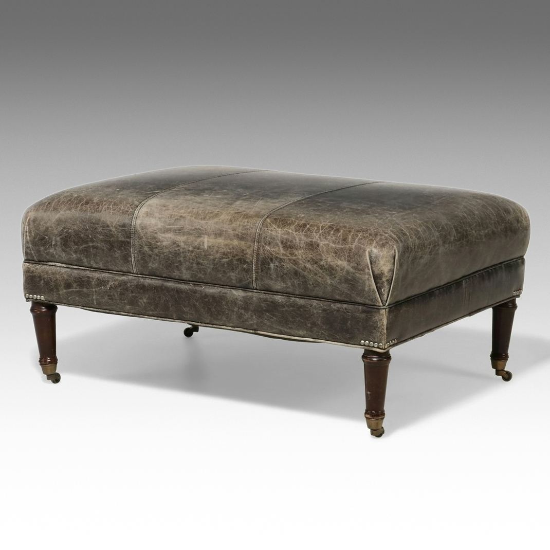 Contemporary Edwardian Style Distressed Leather Cocktail Ottoman on Casters