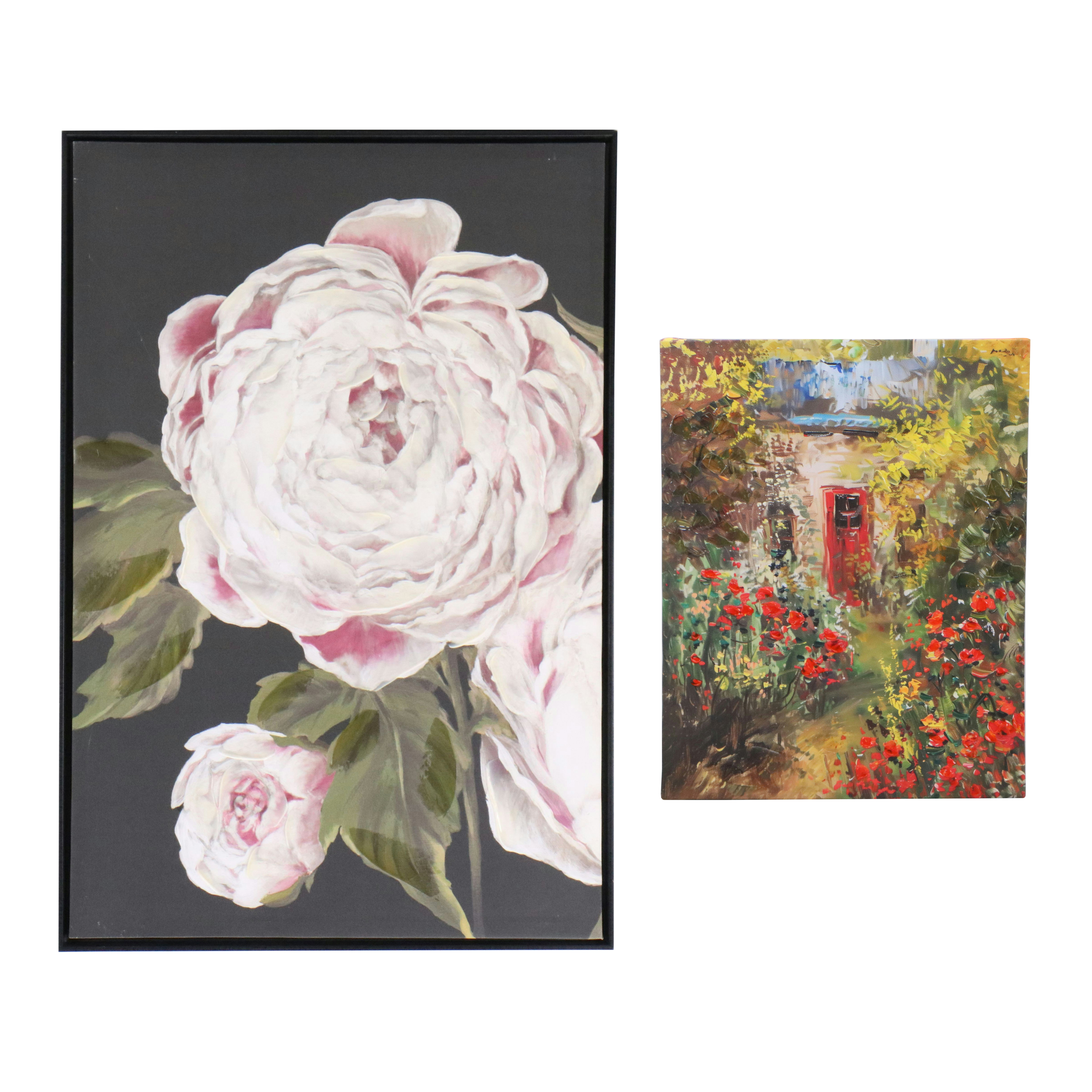 Embellished Digital Prints of Pink Peonies and Red Cottage Door, 21st Century