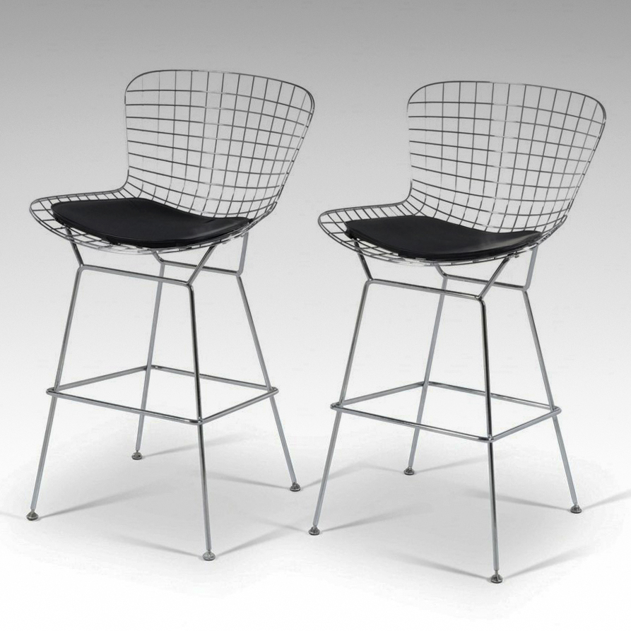 Pair of Bertoia Style Chrome Wire Barstools with Black Vinyl Seat Pads