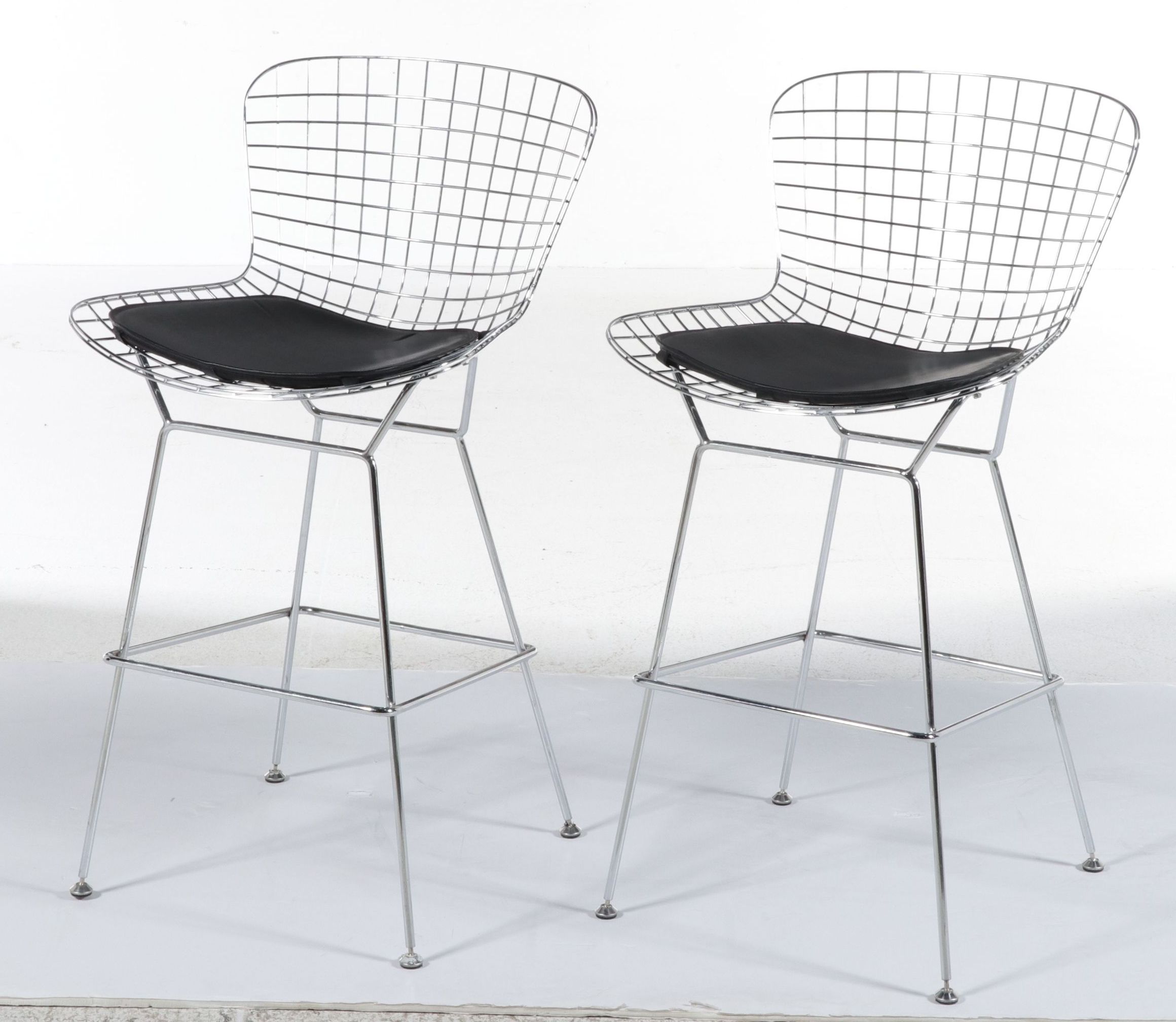 Pair of Bertoia Style Chrome Wire Barstools with Black Vinyl Seat Pads