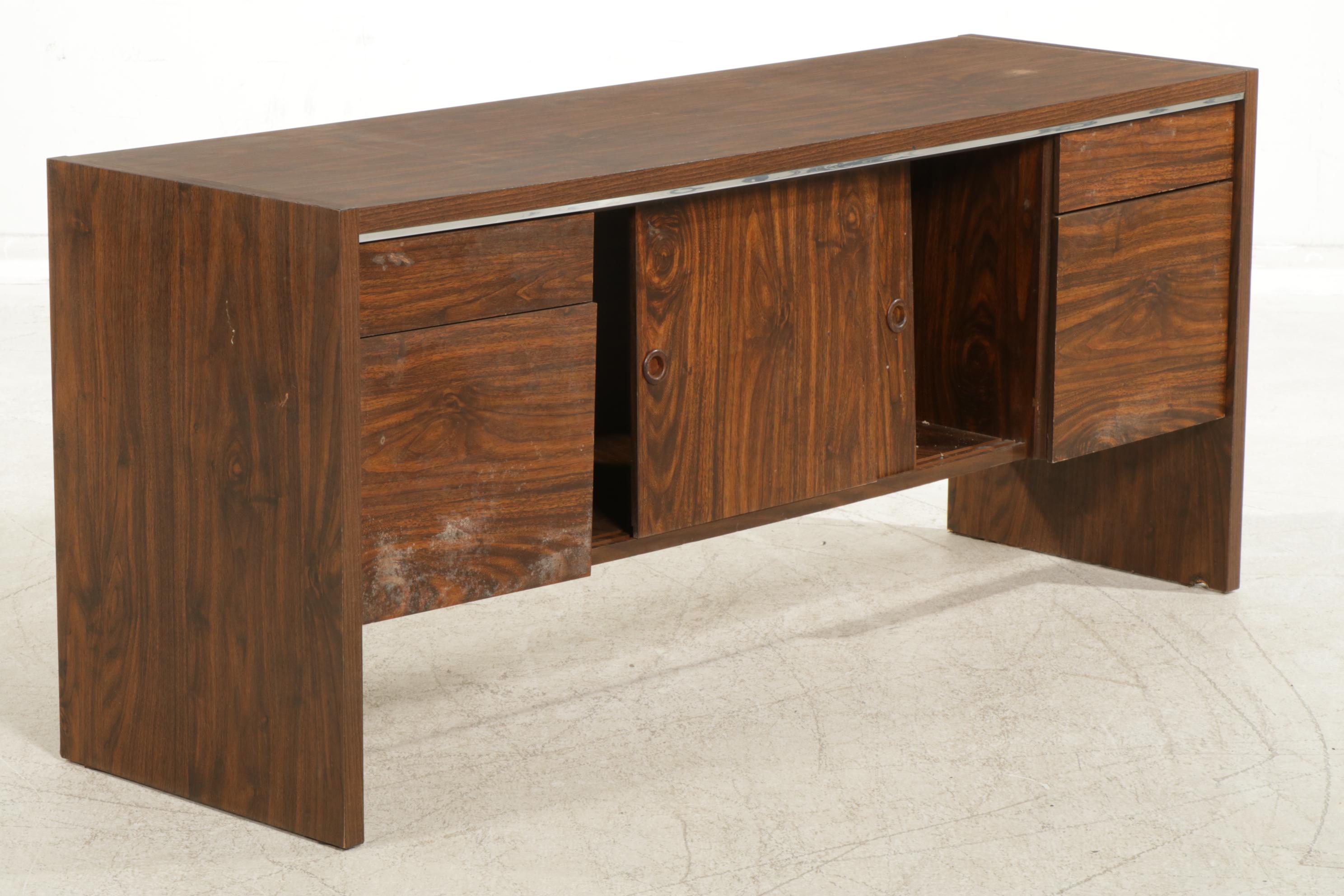 Modernist Walnut-Veneered and Metal Office Credenza