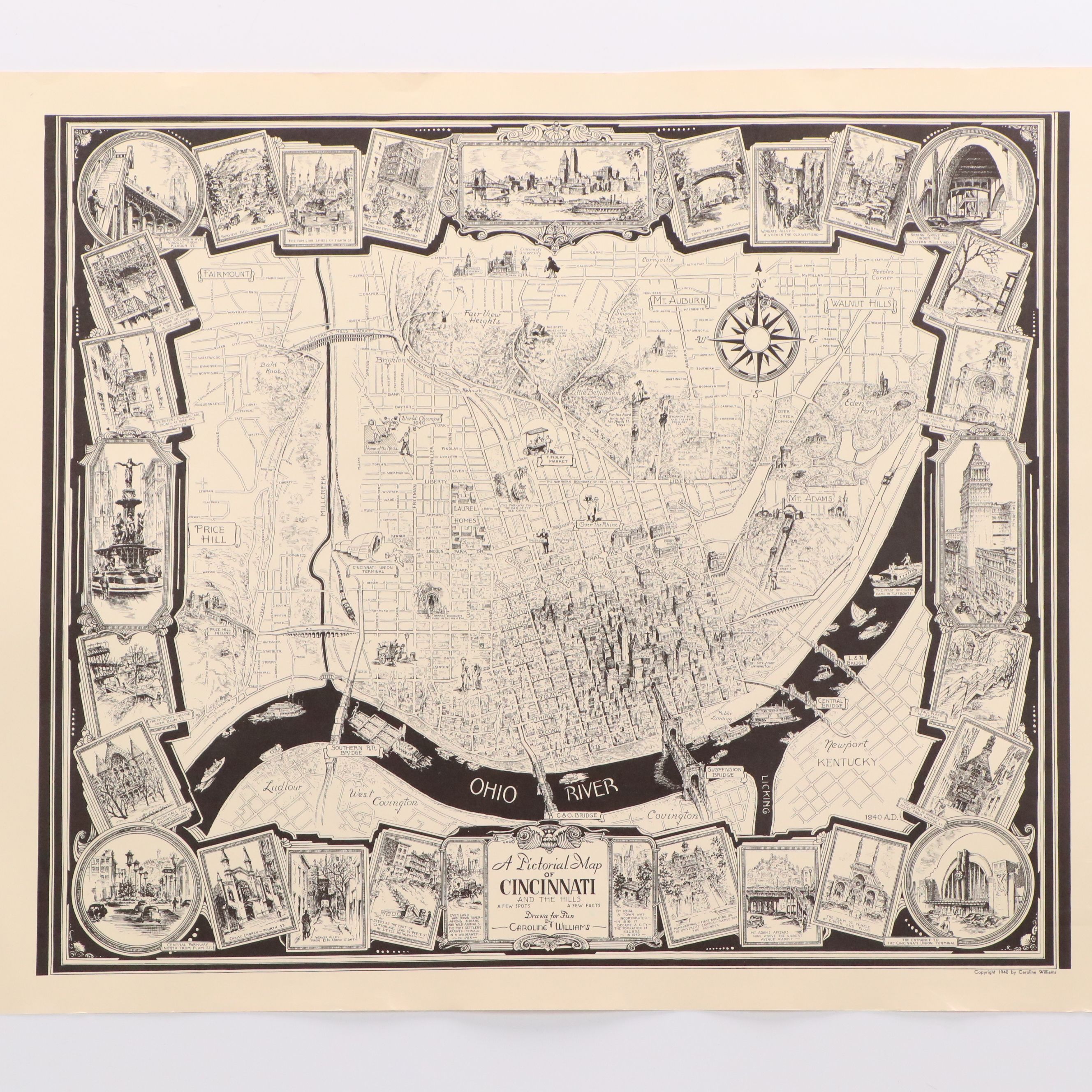 Illustrated Map of Cincinnati Lithograph After Caroline Williams, Circa 1940