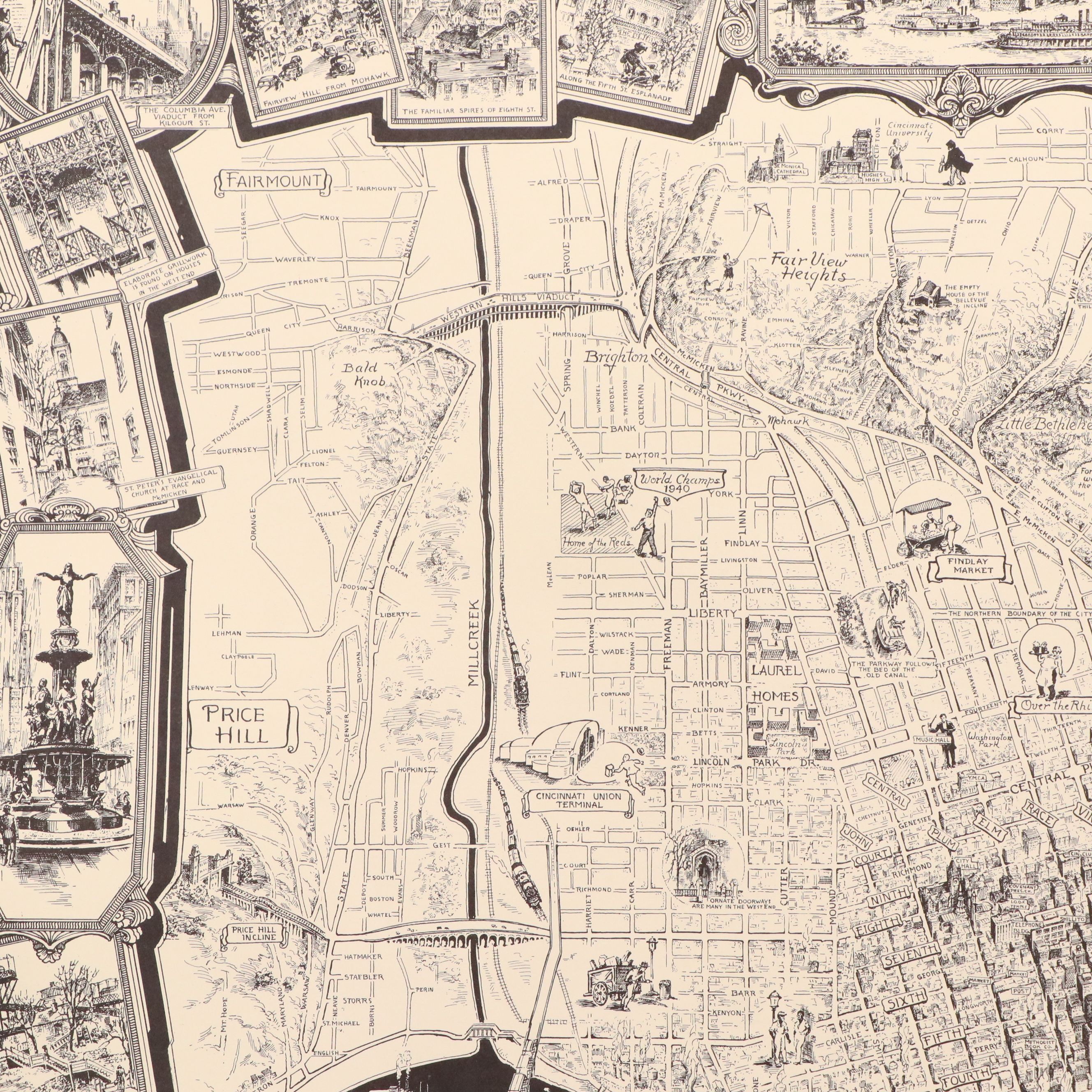 Illustrated Map of Cincinnati Lithograph After Caroline Williams, Circa 1940
