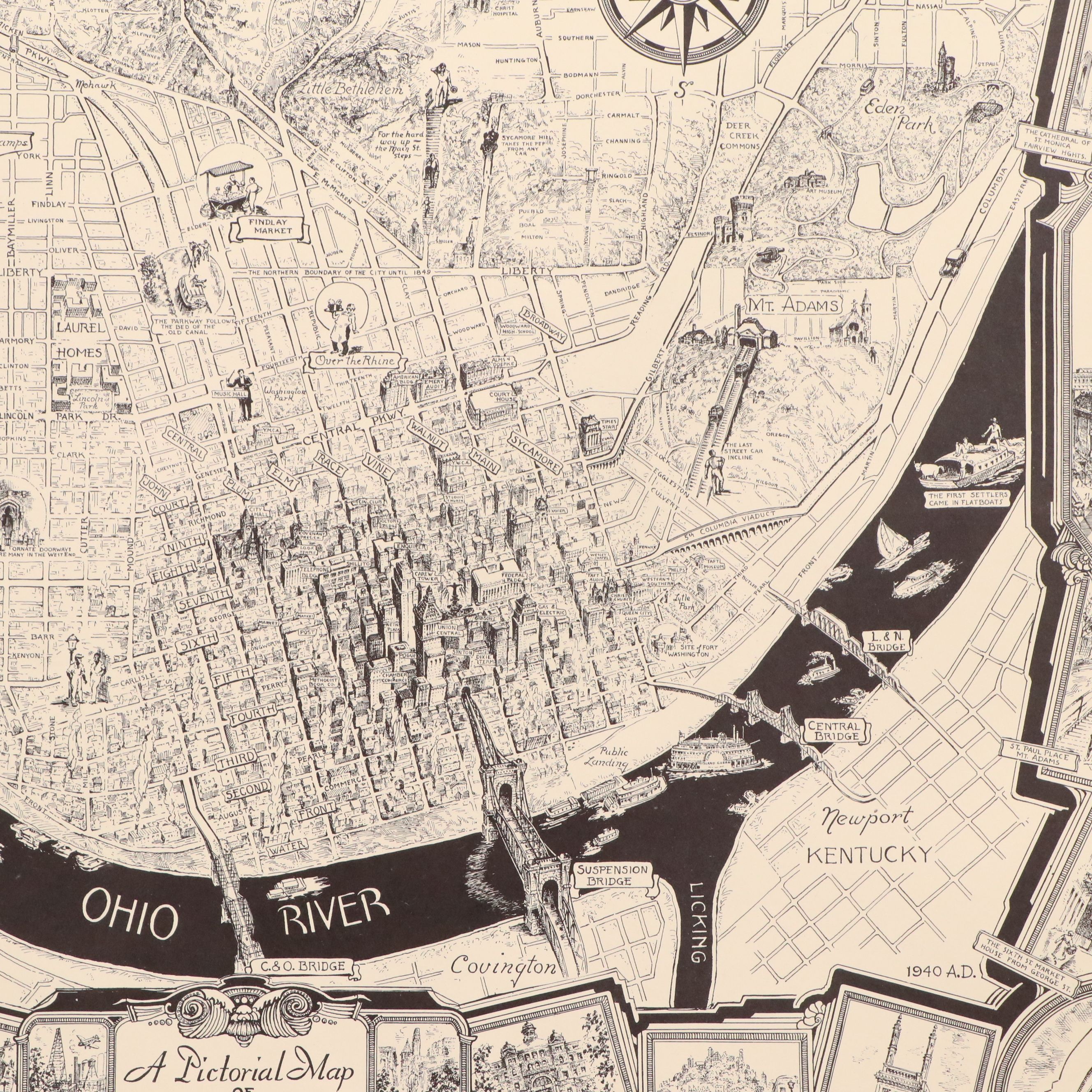 Illustrated Map of Cincinnati Lithograph After Caroline Williams, Circa 1940