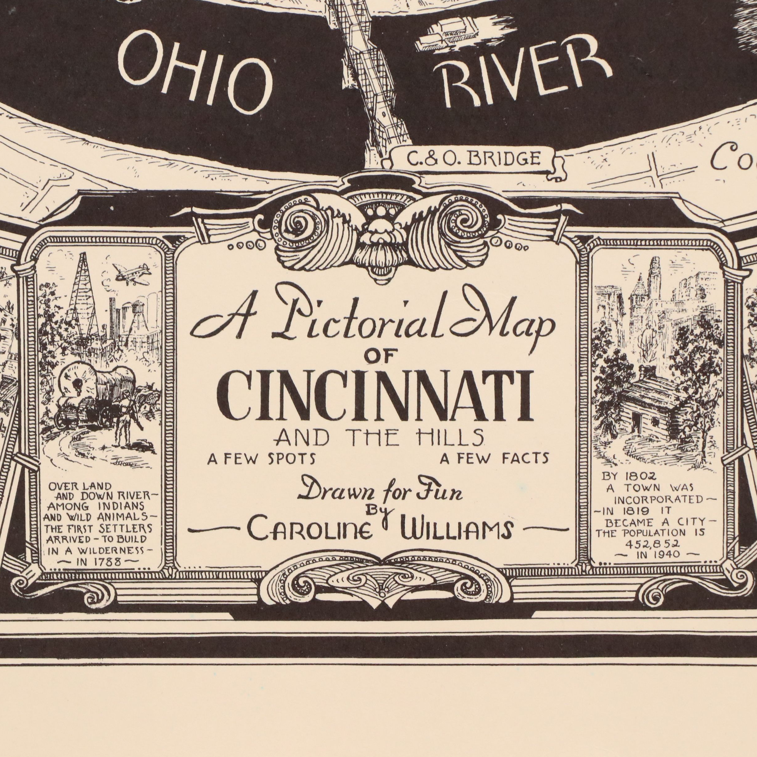 Illustrated Map of Cincinnati Lithograph After Caroline Williams, Circa 1940