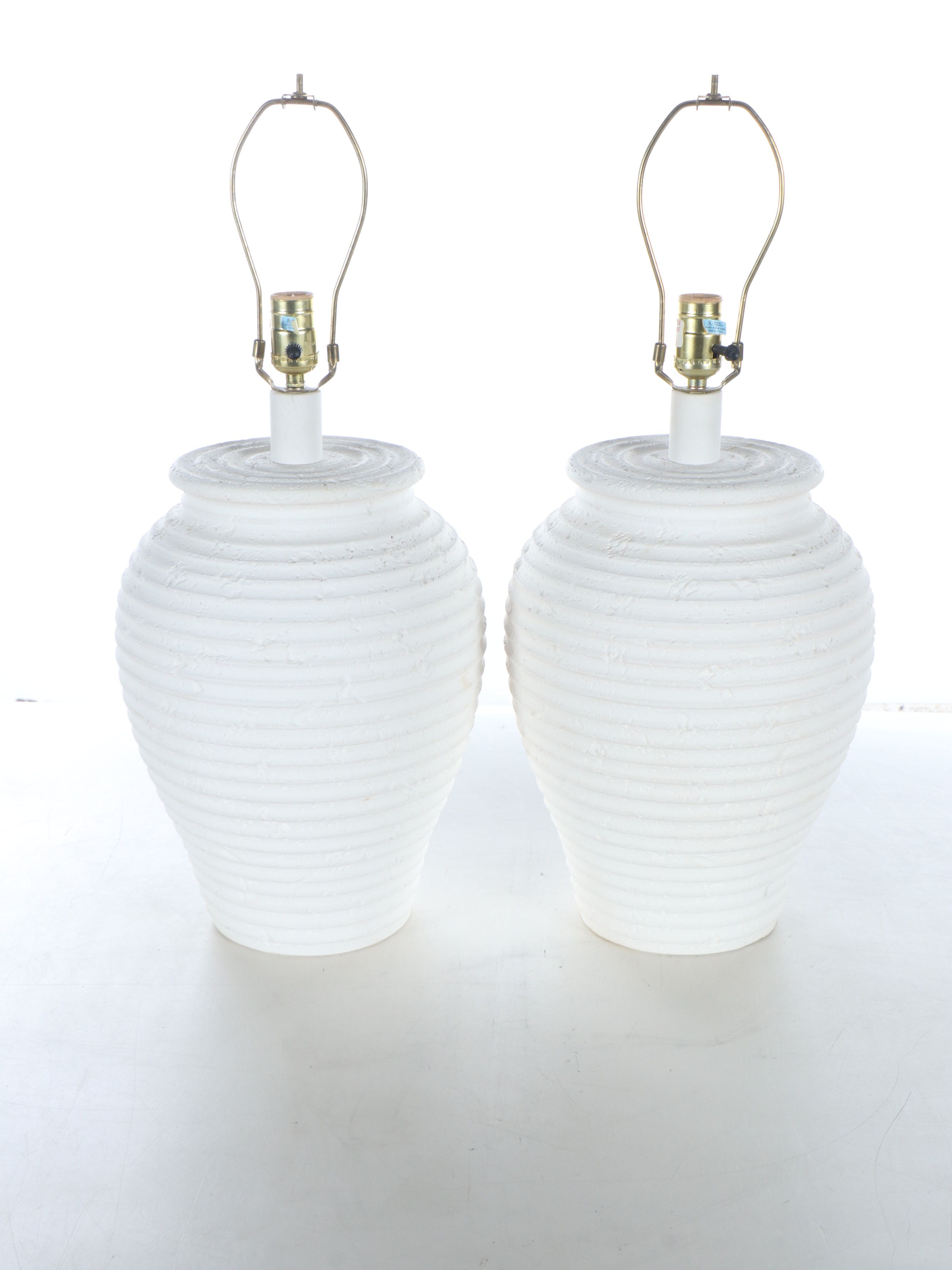 Pair of White Banded Beehive Ceramic Table Lamps with Conical Shades
