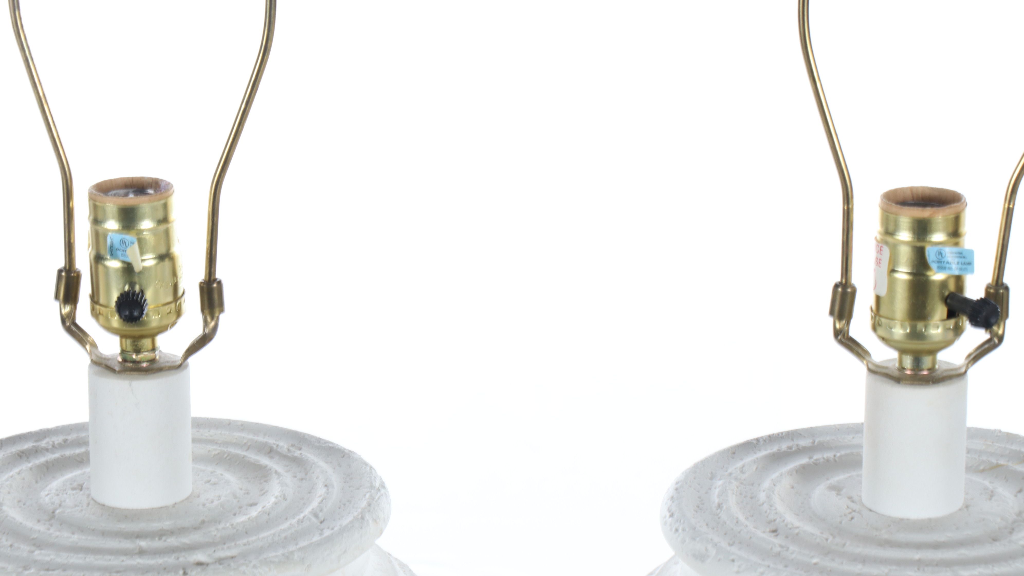 Pair of White Banded Beehive Ceramic Table Lamps with Conical Shades