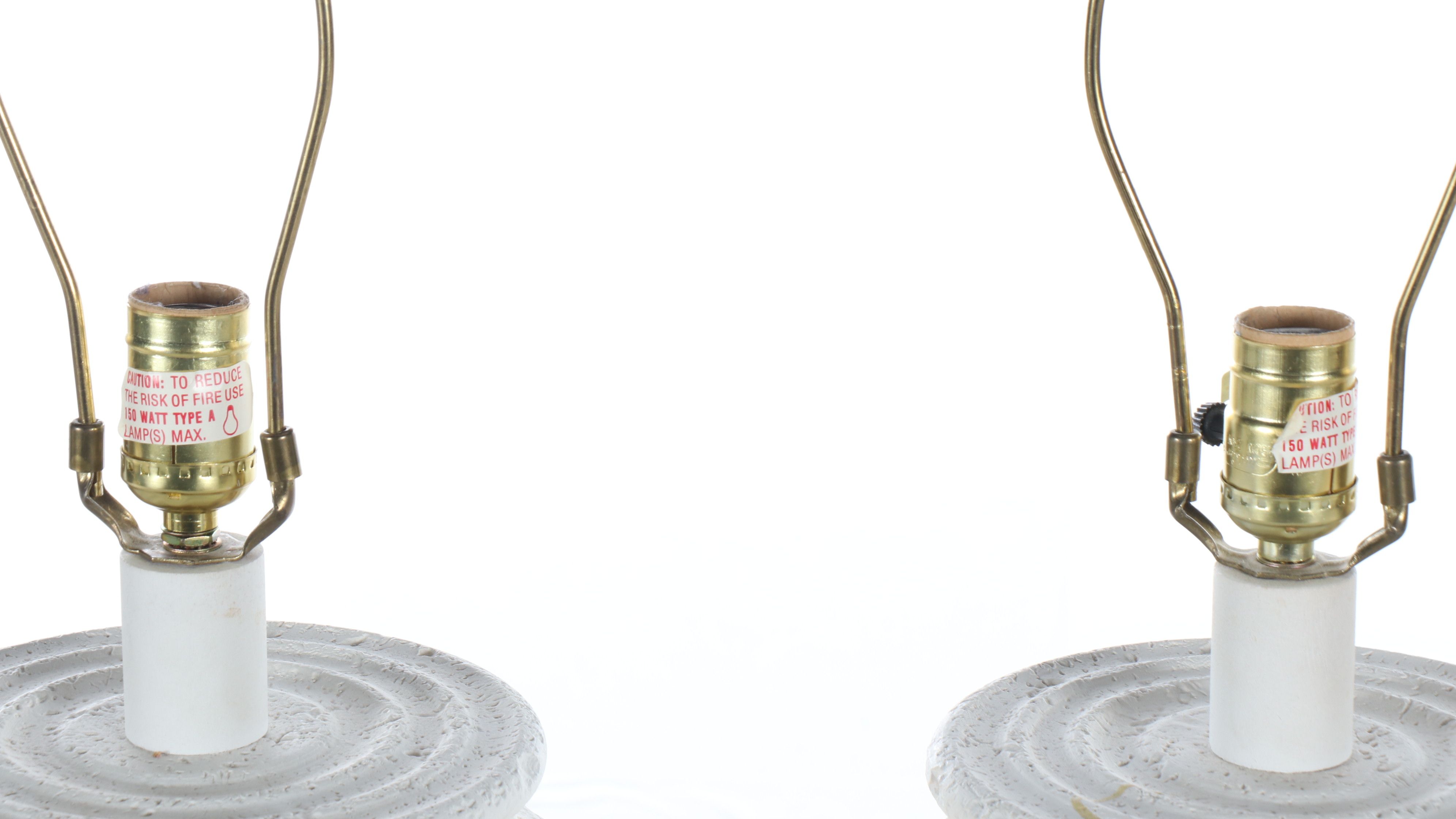 Pair of White Banded Beehive Ceramic Table Lamps with Conical Shades