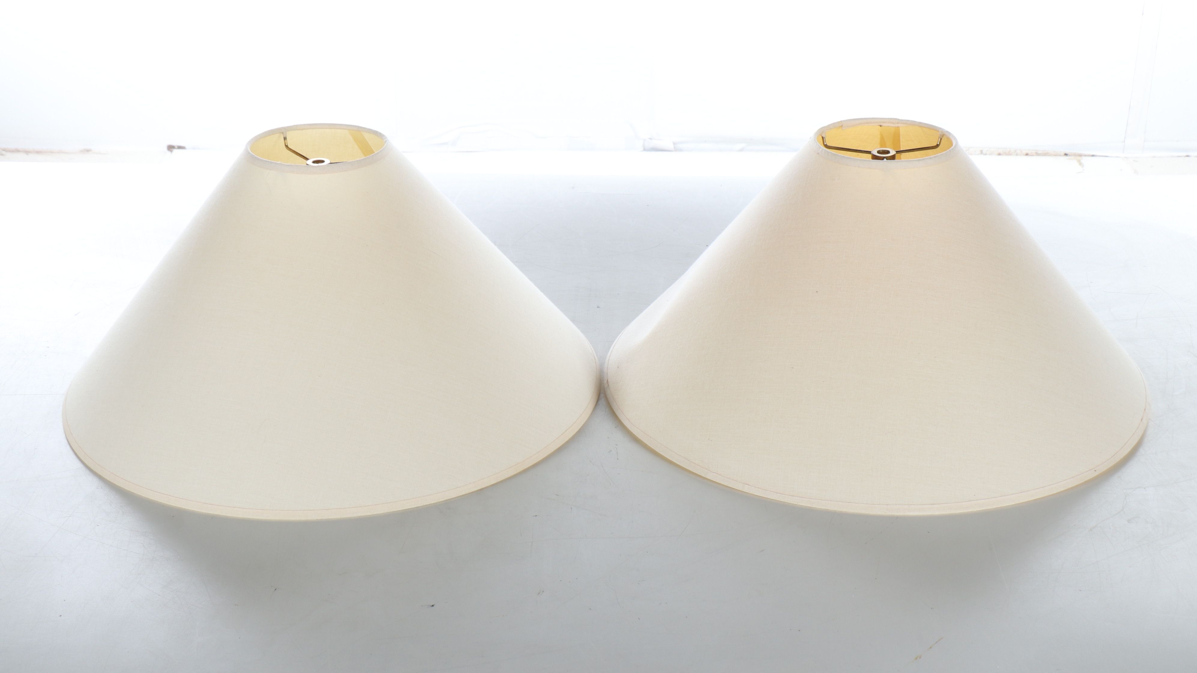 Pair of White Banded Beehive Ceramic Table Lamps with Conical Shades